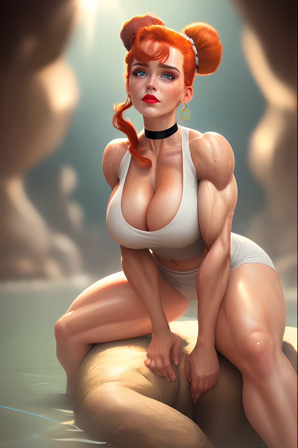 ((wilma flintstones from the flintstones  series)) (beautiful face) (red lips) ((long redhead hair with top knot))) (wears short white dress)(pearls choker), ((Best quality)), ((Masterpiece)), ((Beautifull eyes)), (Giant breasts: 1.6), (Suspended breasts: 1.5), (Tight breasts: 1.3), (Curvy: 1.3) 1girl, solo, looking at the viewer, intricate eyes, eyelashe, cleavage, muscular thighs, IFBB, toned, detailed texture, colorful, delicate, cinematic light, side light, lens flare, wide hips, narrow waist, alluring, wet and sweaty, depth of field