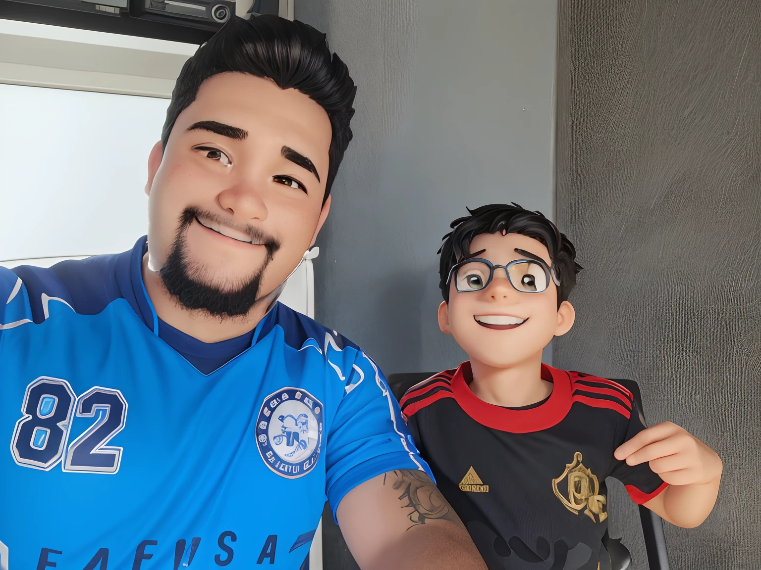 Pai e filho de 10 anos sorrindo, anime 4k