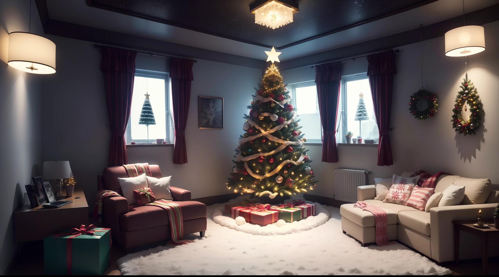 best qualtiy,16k,8K,True exposure,Ray traching,Excellent image quality,Christmas,Christmas atmosphere,A real Christmas tree,pompon,bell,Luminous colored light strip on the suspended ceiling,inside in room,Chilling,Santa Claus hat,Christmas decorations are hung on the wall,snowflower