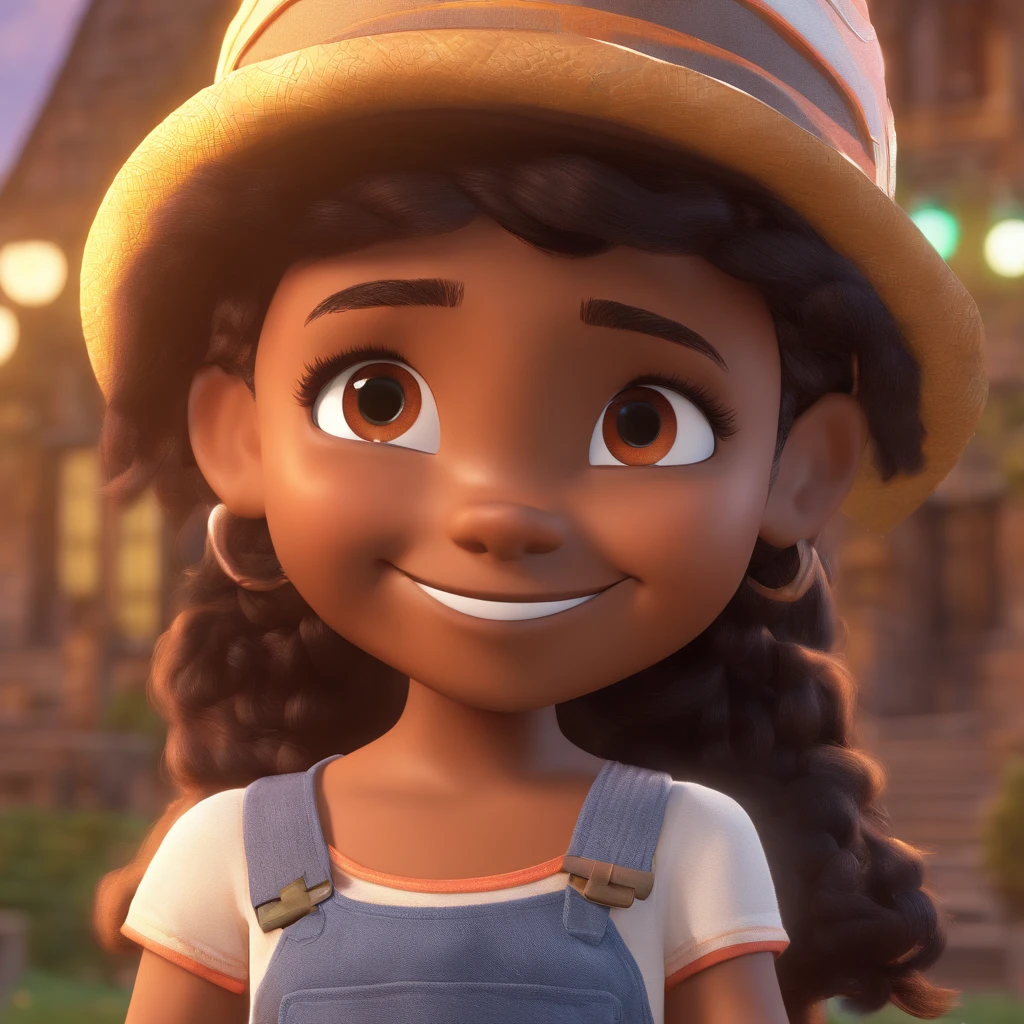 Imagem de uma 10 anos estilo pixar, with a reference from a brown-skinned Brazilian woman, tem cabelos longos ondulados e usa franja, is smiling, Her hair and eyes are brown in color, is with his faithful friend Wizard a black cat and Wizard a white cat, deitado no jardim