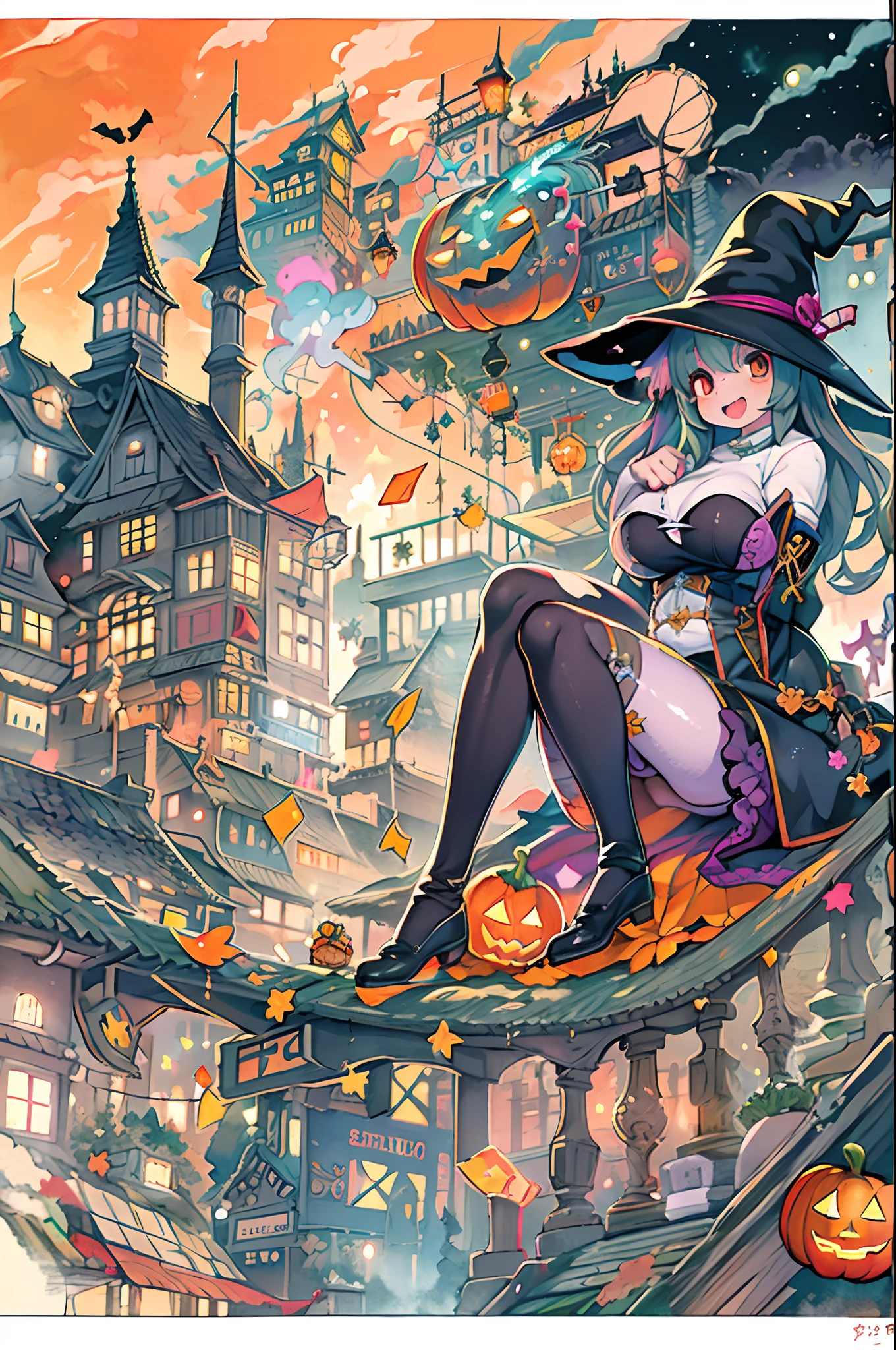masutepiece,Charming Halloween Witches, Random coloring,2D, planar vector, T-shirt design, Colorful splashes, Fantasy Art, Watercolor effect,Digital Painting, white bg, 8K、night cityscape,bbw,Anime style、huge-breasted、BBW