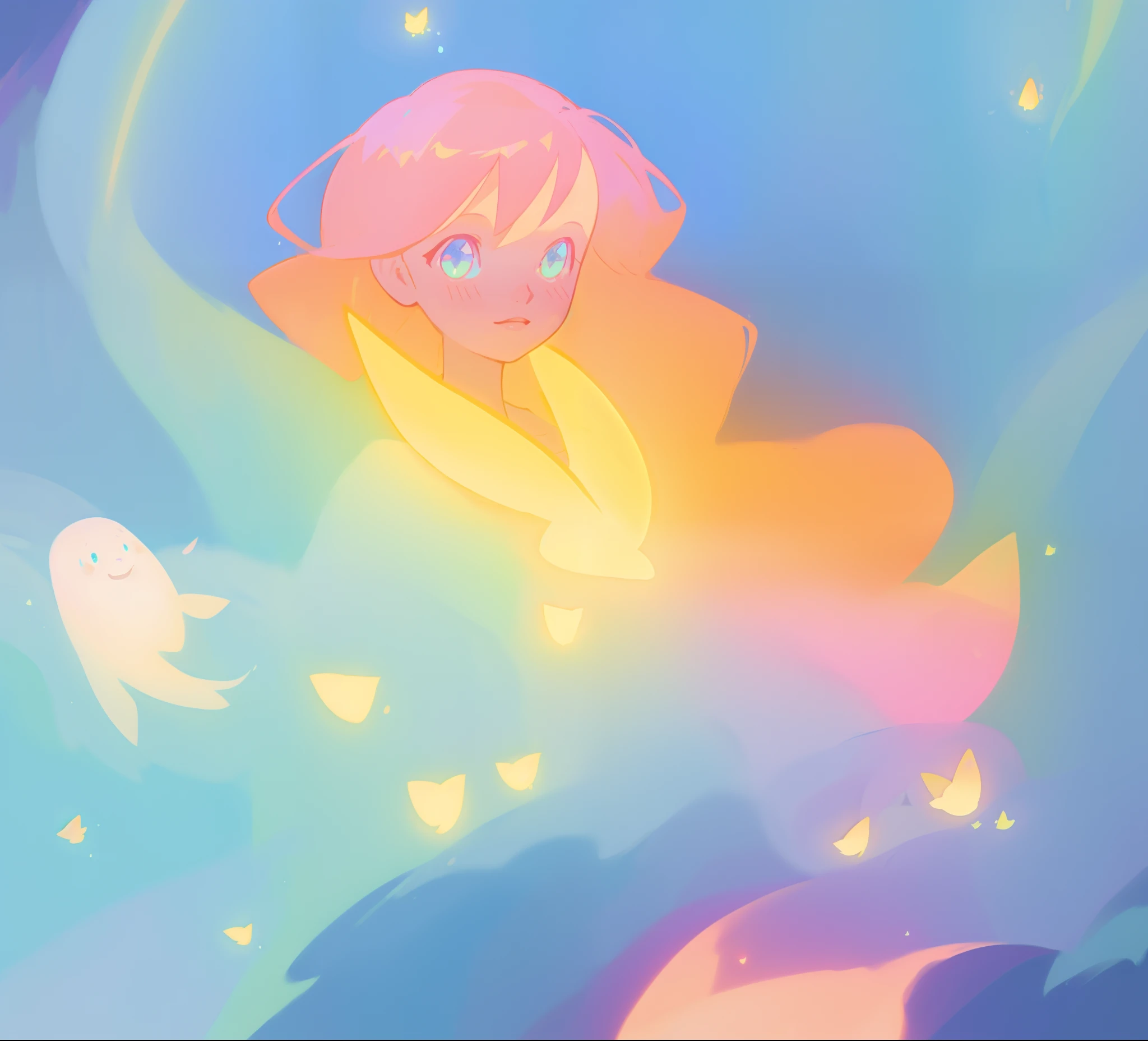 beautiful girl in blue flowing dress, ((small glowing golden fireflies)), vibrant pastel colors, (colorful), magical lights, sparkling lines of light, inspired by Glen Keane, inspired by Lois van Baarle, disney art style, by Lois van Baarle, glowing aura around her, by Glen Keane, jen bartel, glowing lights! digital painting, flowing glowing hair, glowing flowing hair, beautiful digital illustration, fantasia background, whimsical, magical, fantasy, beautiful face, ((masterpiece, best quality)), intricate details, highly detailed, sharp focus, 8k resolution, sparkling detailed eyes, liquid watercolor