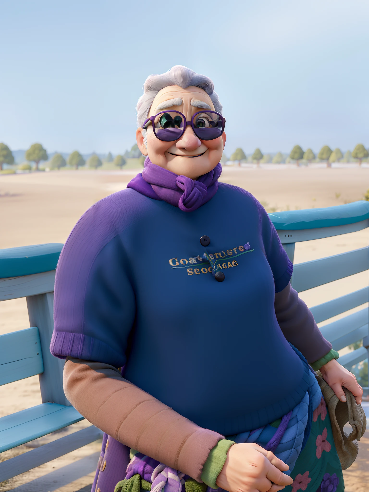 masterpiece, best quality, an old woman with glasses and a scarf on, wearing a purple coat and green scarf, standing at the park