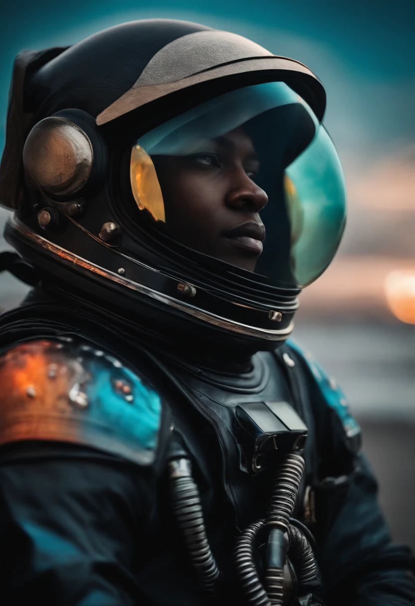 Joven astronauta ????? con casco en mano y mirando al frente