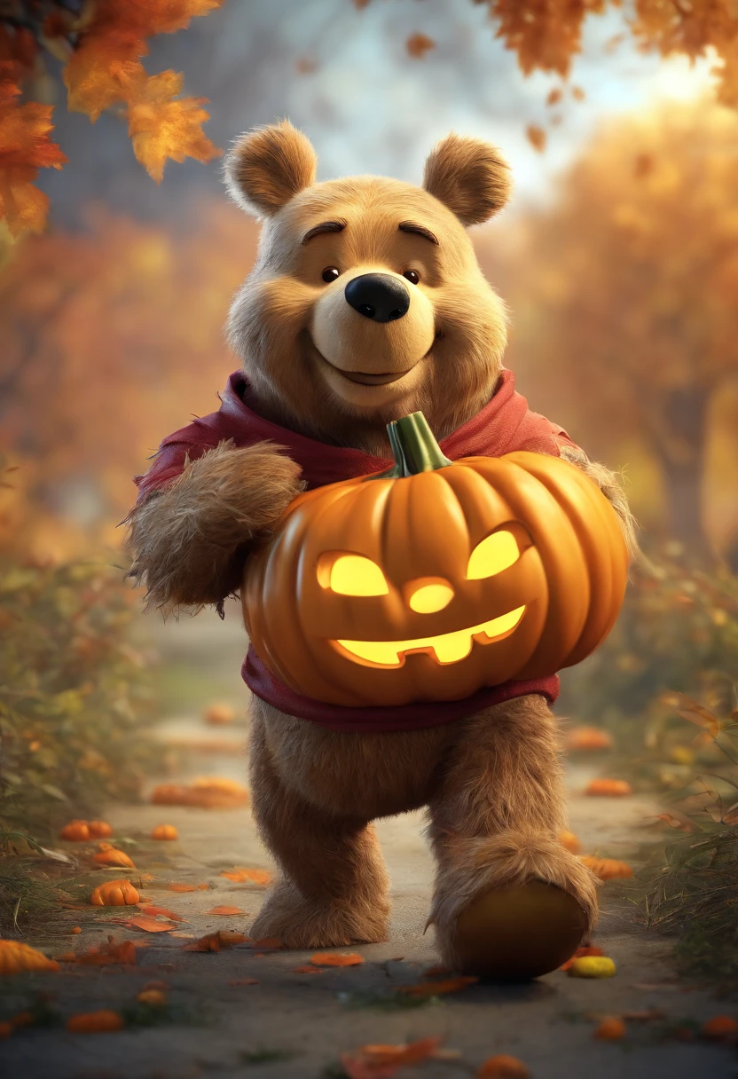 Zombie (Winne the pooh) walking through a Halloween scene