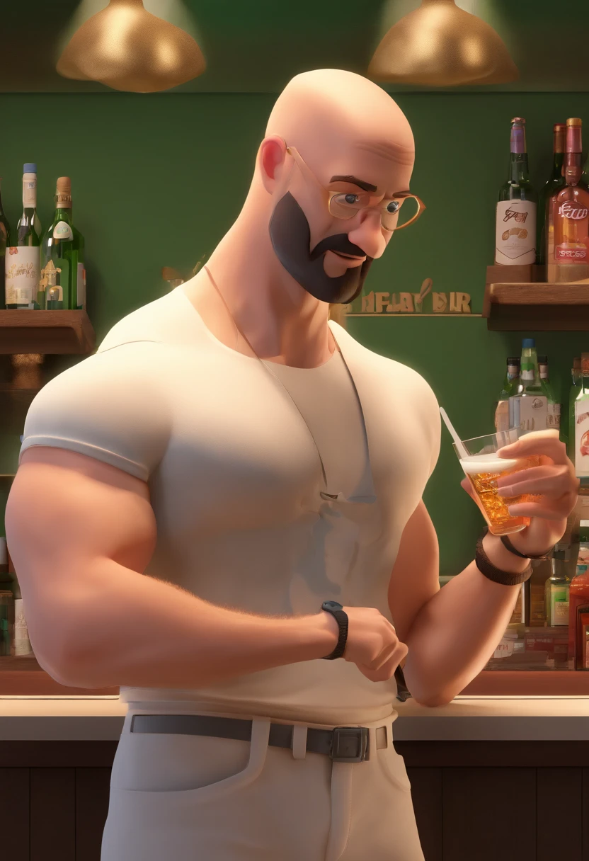 Golden robot dragon，Wear a white vest，Black  shorts，sandals，Drinking in a tavern