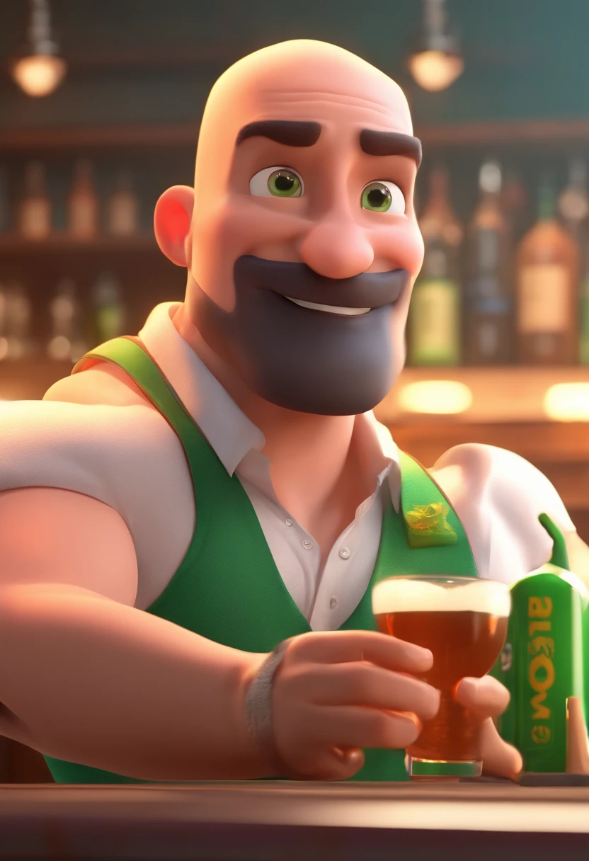 Estilo Pixar: Green Eyes White muscular athletic man without hair 40 years old with short dark brown beard on chin , preparando um drink dentro de um bar