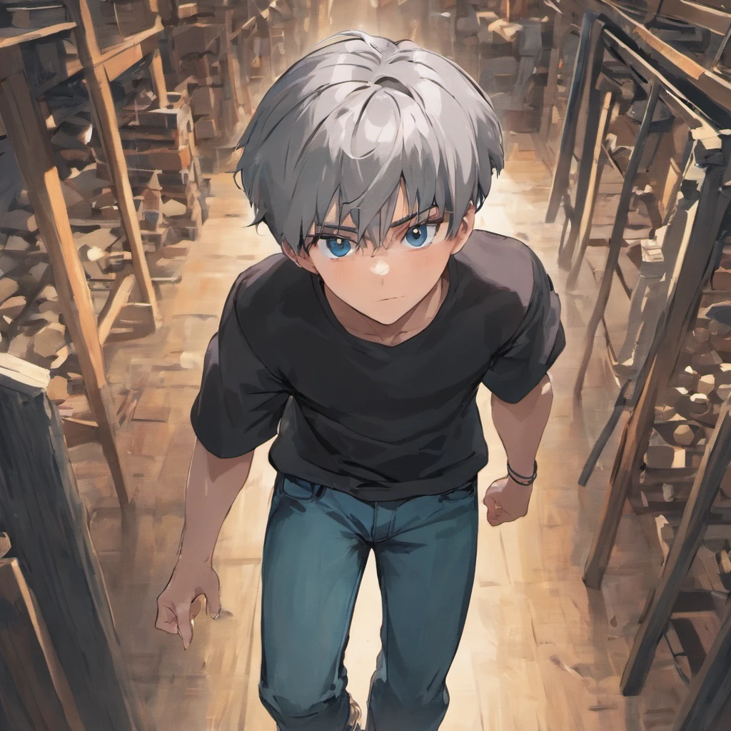 create a pixar movie movie poster of a 35 year old man with short gray hair. Wearing jeans and a black t-shirt with Cubo written on it. He's running around a furniture factory. Use features from Pixar films