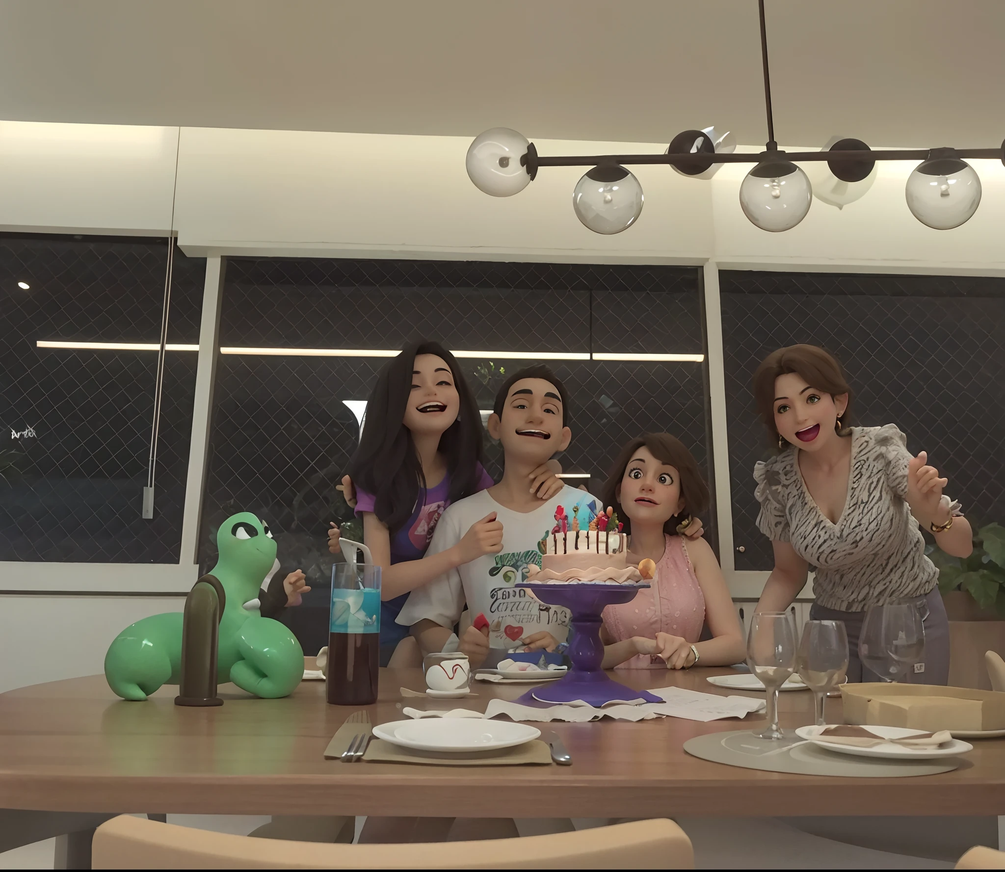Estilo Pixar: There is a group of people sitting at a table with a cake, celebrating a birthday, Happy family, happy birthday, family dinner, birthday party, at a birthday party, imagem de perfil, postprocessed), 2 anos, In Sao Paulo, Em casa, foto de baixa qualidade, divertindo-se, fami, imagem de qualidade muito baixa, 3 5 year brazilian mother