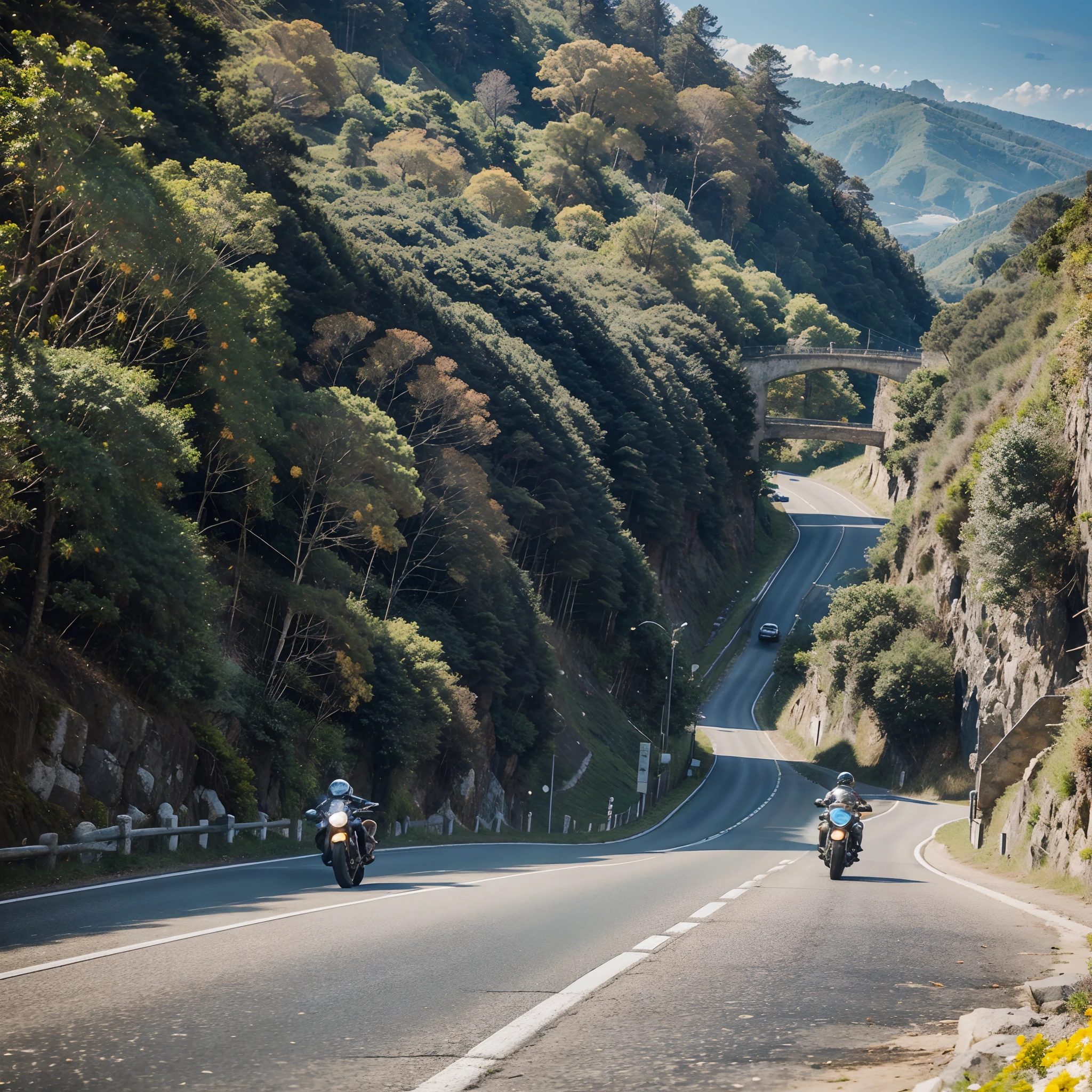 Some motorcyclists riding their motorcycles down a winding road between the seaside mountains together. Clear, sunny day with a big sun reflecting off the sea.
Bandeira preta.