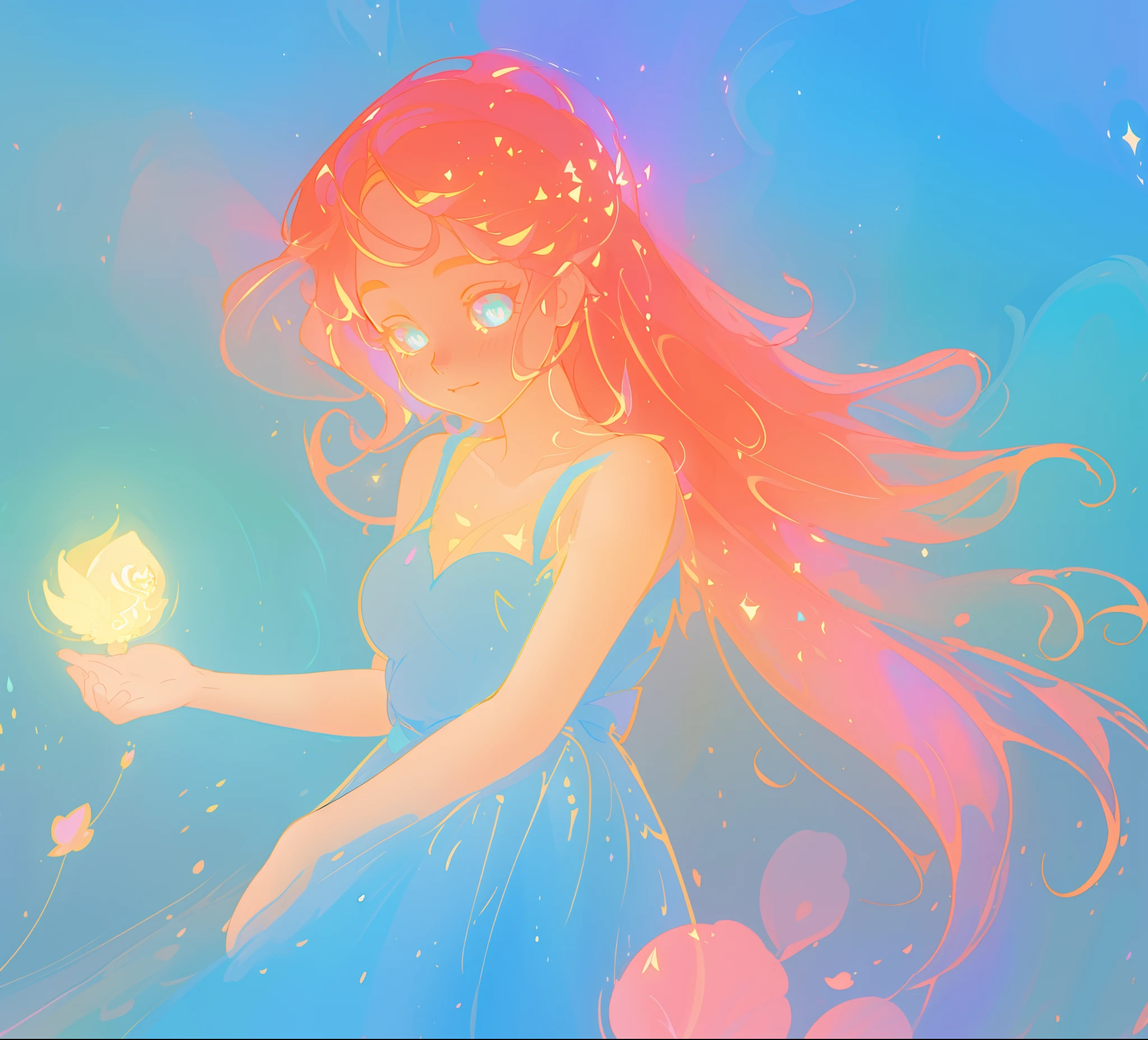 beautiful girl in blue flowing dress, ((beautiful girl holding a glowing golden fairy in her hand)), looking at the pixie in her hand, vibrant pastel colors, (colorful), magical lights, sparkling lines of light, inspired by Glen Keane, inspired by Lois van Baarle, disney art style, by Lois van Baarle, glowing aura around her, by Glen Keane, jen bartel, glowing lights! digital painting, flowing glowing hair, glowing flowing hair, beautiful digital illustration, fantasia background, whimsical, magical, fantasy, beautiful face, ((masterpiece, best quality)), intricate details, highly detailed, sharp focus, 8k resolution, sparkling detailed eyes, liquid watercolor