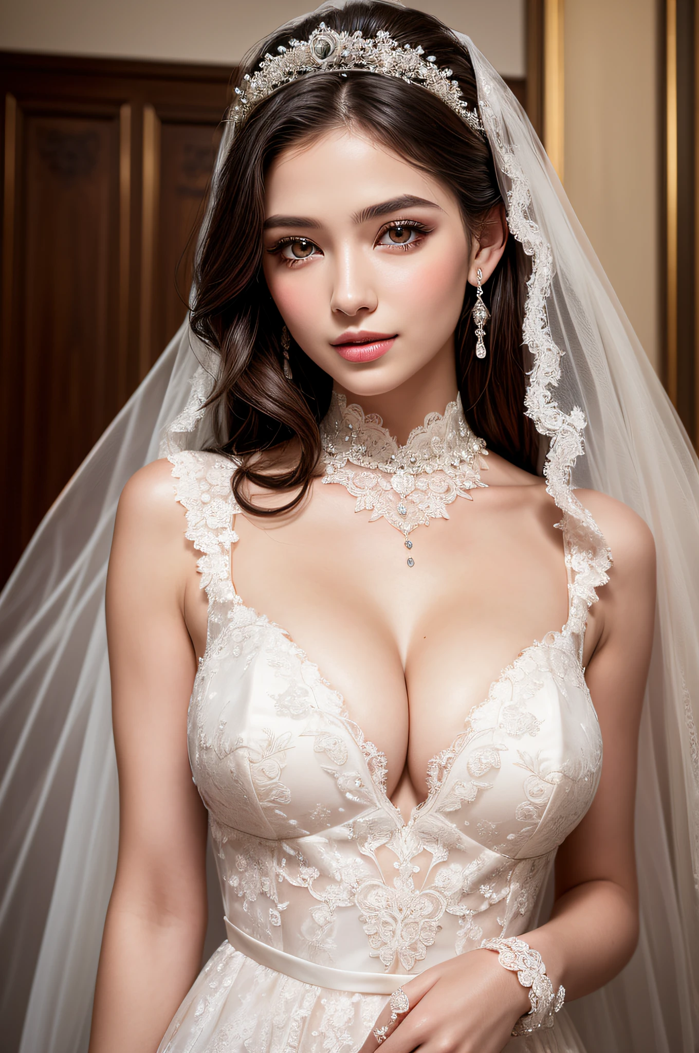 (1girl), Updo hairstyle, Princess, Extremely cute face, Amazing face and eyes, (Highly detailed eyes, Highly detailed face), fresh, Very clean appearance, (Hyper-realistic, hight resolution), (Best Quality:1.4), (hyper quality), Authentic skin texture, Raw photo, (Realistic, Photorealsitic:1.37), highly detailed, Professional Photography, (beautiful lace bridal dress:1.5), (lace bridal dress with open front), (cleavage:1.2), (Bare shoulders), Smile slightly, (Staring at me), luxurious tiara, luxury accessories, necklaces and earrings, (luxury living room:1.3), girl portrait,