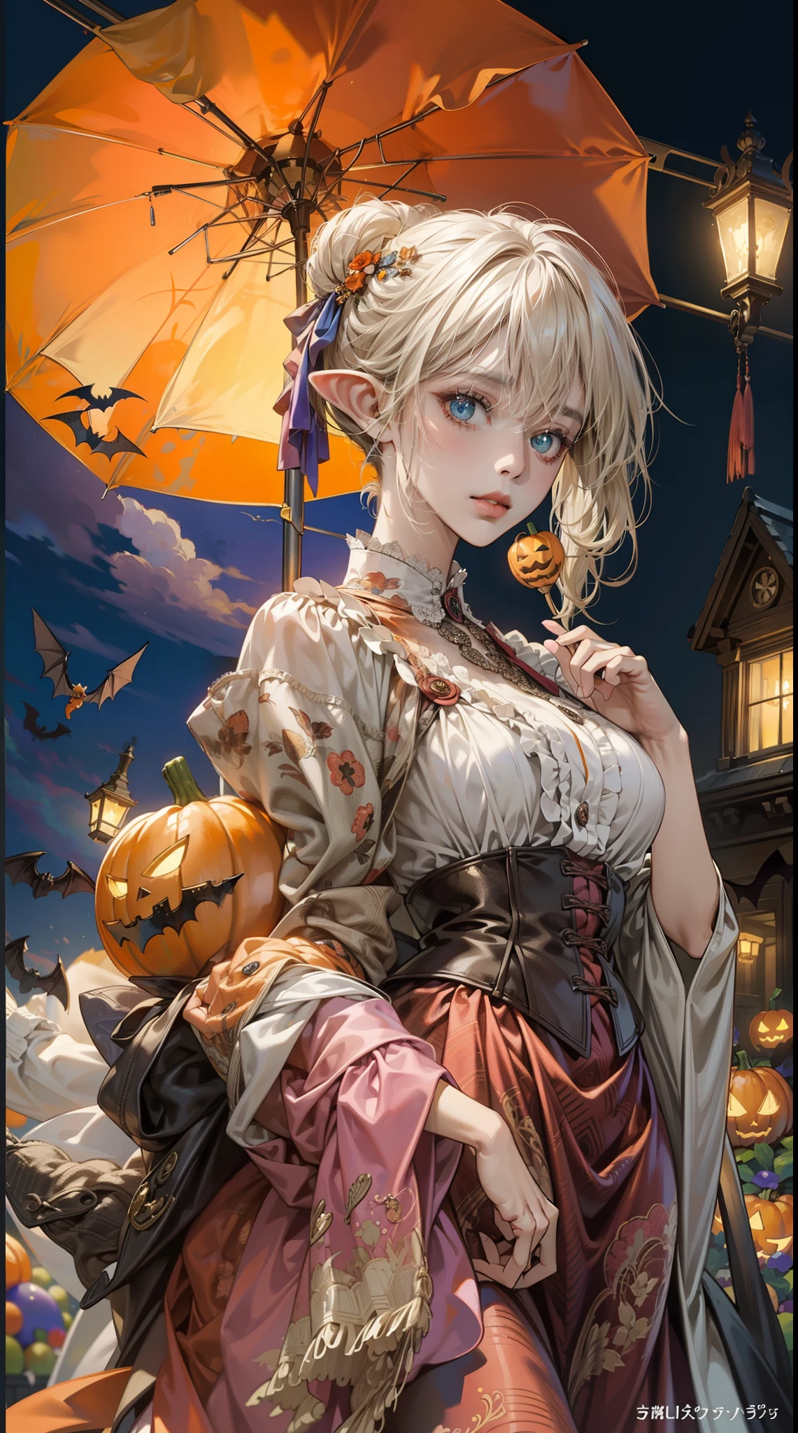 🎃🎃🎃🎃🎃🎃, (masterpiece), (best quality), (ultra-detailed), (jack o lantern), (pumpkin), (bat), (candy), (sweets), A elf woman race, Female, beautiful elf race, white blonde short hair, asymmetrical bang, insanley detailed face and eyes, Perfect lips. Her eyes, a striking shade of blue, contrast with her fair complexion. She's dressed in a orange Victorian-era dress, complete with a parasol and a bonnet. The scene is set in a bustling city square, under the twilight sky on Halloween night. The artwork is characterized by its Victorian style and detailed textures, masterpiece, Aesthetic, dramatic, cinematic lighting, fine expression, fine detail, masterpiece, a digital art by Yusuke Murata.