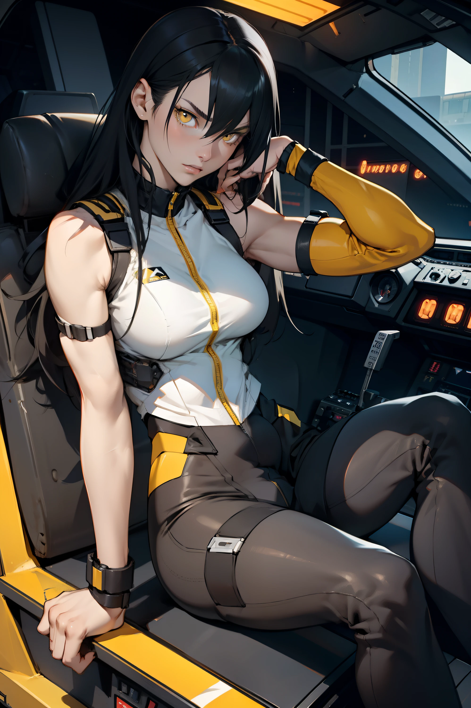 1 girl, black hair, yellow eyes, very long hair, pale skin, fit body, slender body, slim waist, large breasts, (confident expression), pilot suit, thigh gap, bare thighs, sleeveless, show bare legs, fit thighs, sitting in a cockpit