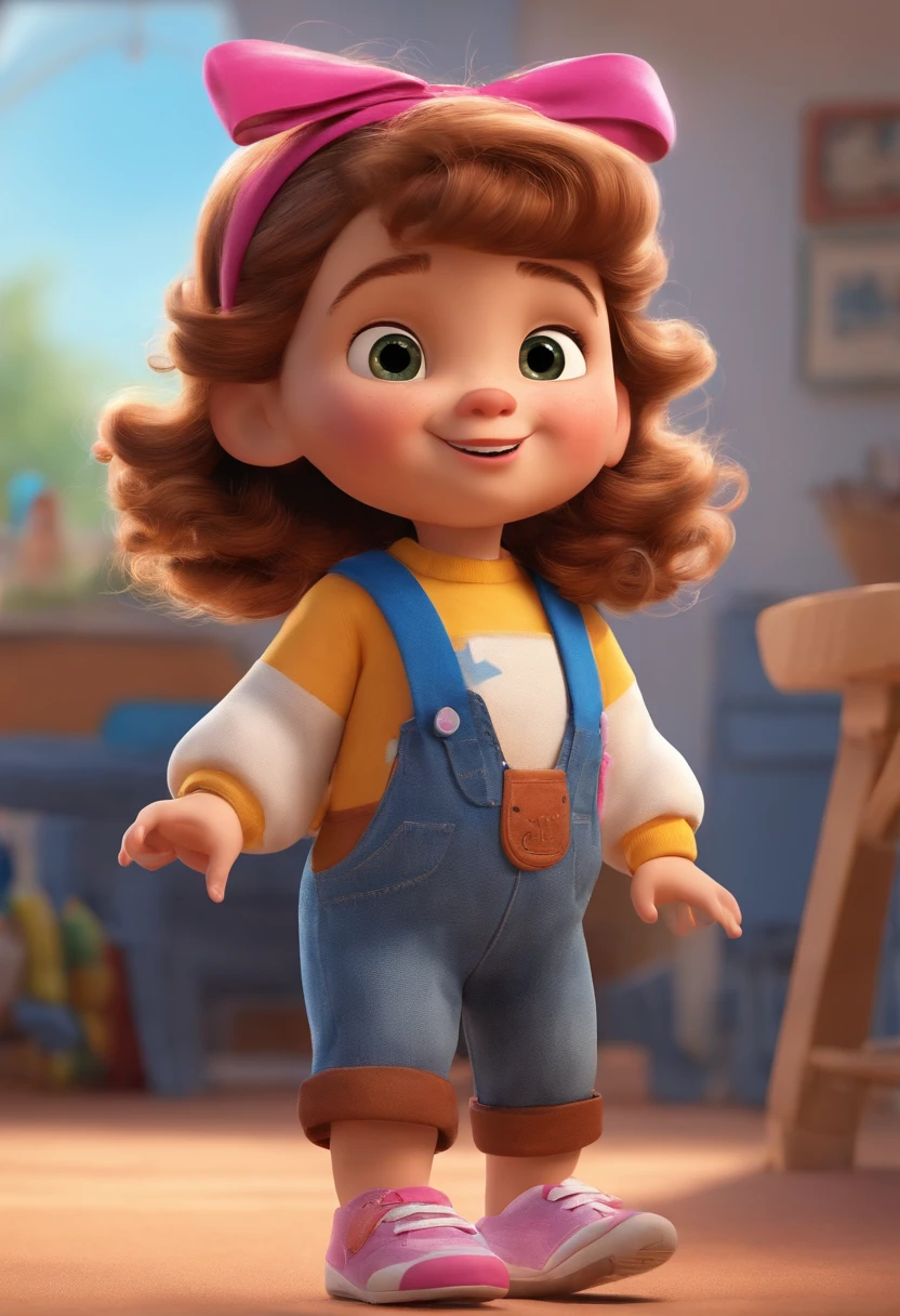 imagem 3d inspirada poster pixar , menininha com 2 anos, cabelos curtos, 81cm de altura, Small pink bow to the right on the head, hair messy, esta usando uma macacao jeans, White pouch on right arm, ao fundo uma parede de tijolos branca,