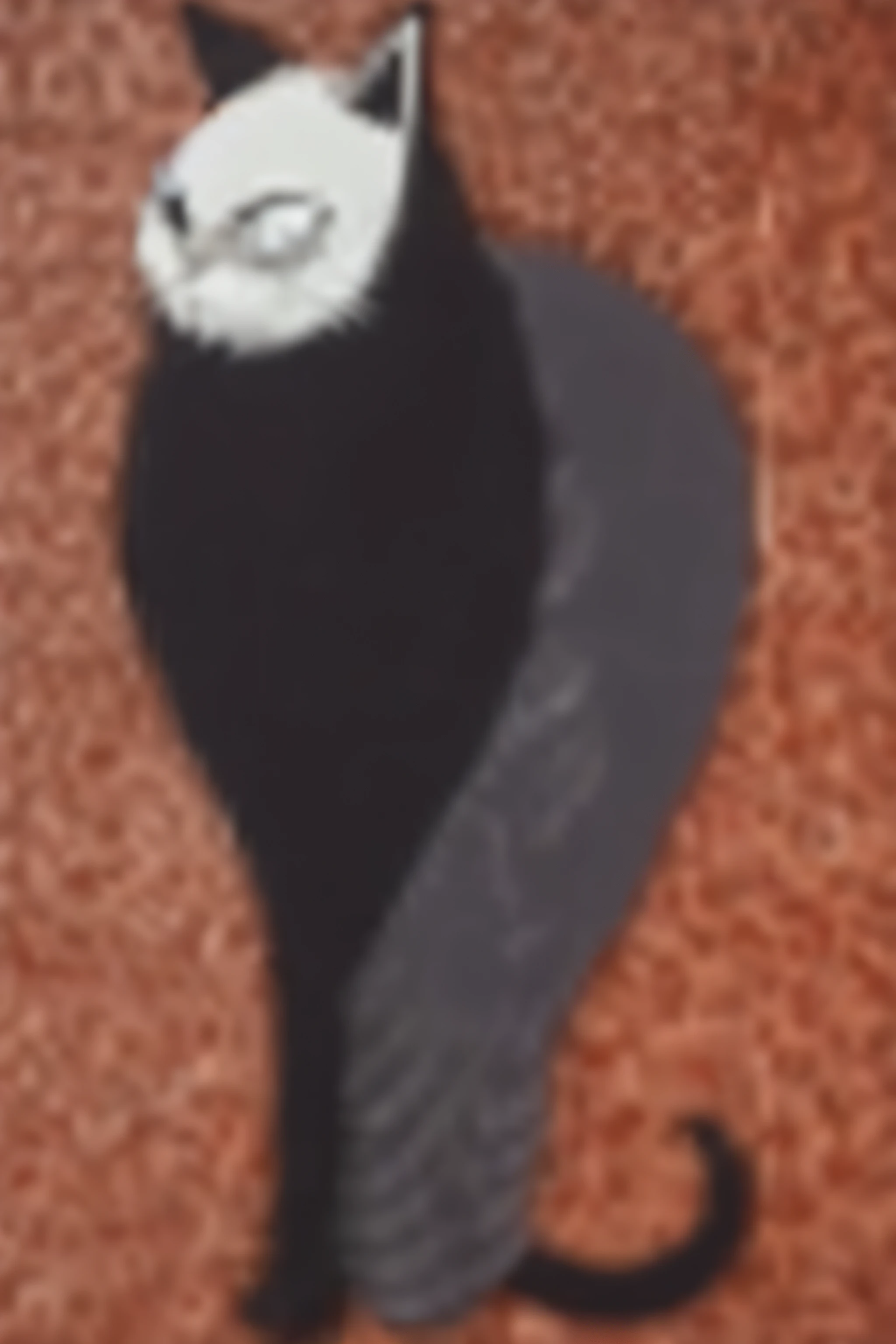 Draw a black cat with a white collar and a black tail, anthropomorphic bird, local close up, Profile picture, detailed photograph, zoomed out to show entire image, ( ( Extreme detail ) ), tail raised, heavy shading, anthropomorphic penguin, low quality grainy, random detail, kaguya ōtsutsuki, rounded beak
