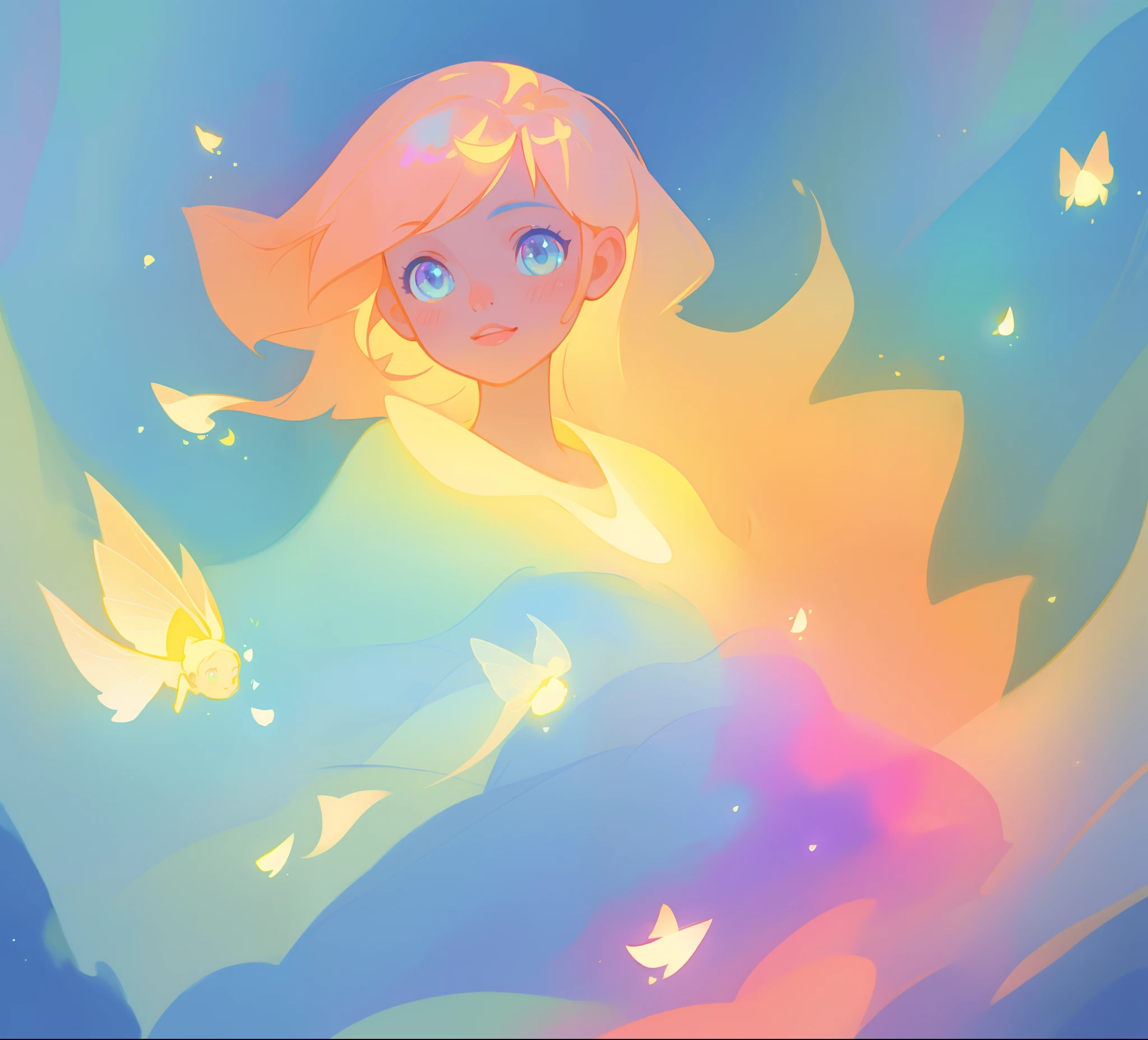 beautiful girl in blue flowing dress, ((small glowing golden fireflies)), vibrant pastel colors, (colorful), magical lights, sparkling lines of light, inspired by Glen Keane, inspired by Lois van Baarle, disney art style, by Lois van Baarle, glowing aura around her, by Glen Keane, jen bartel, glowing lights! digital painting, flowing glowing hair, glowing flowing hair, beautiful digital illustration, fantasia background, whimsical, magical, fantasy, beautiful face, ((masterpiece, best quality)), intricate details, highly detailed, sharp focus, 8k resolution, sparkling detailed eyes, liquid watercolor