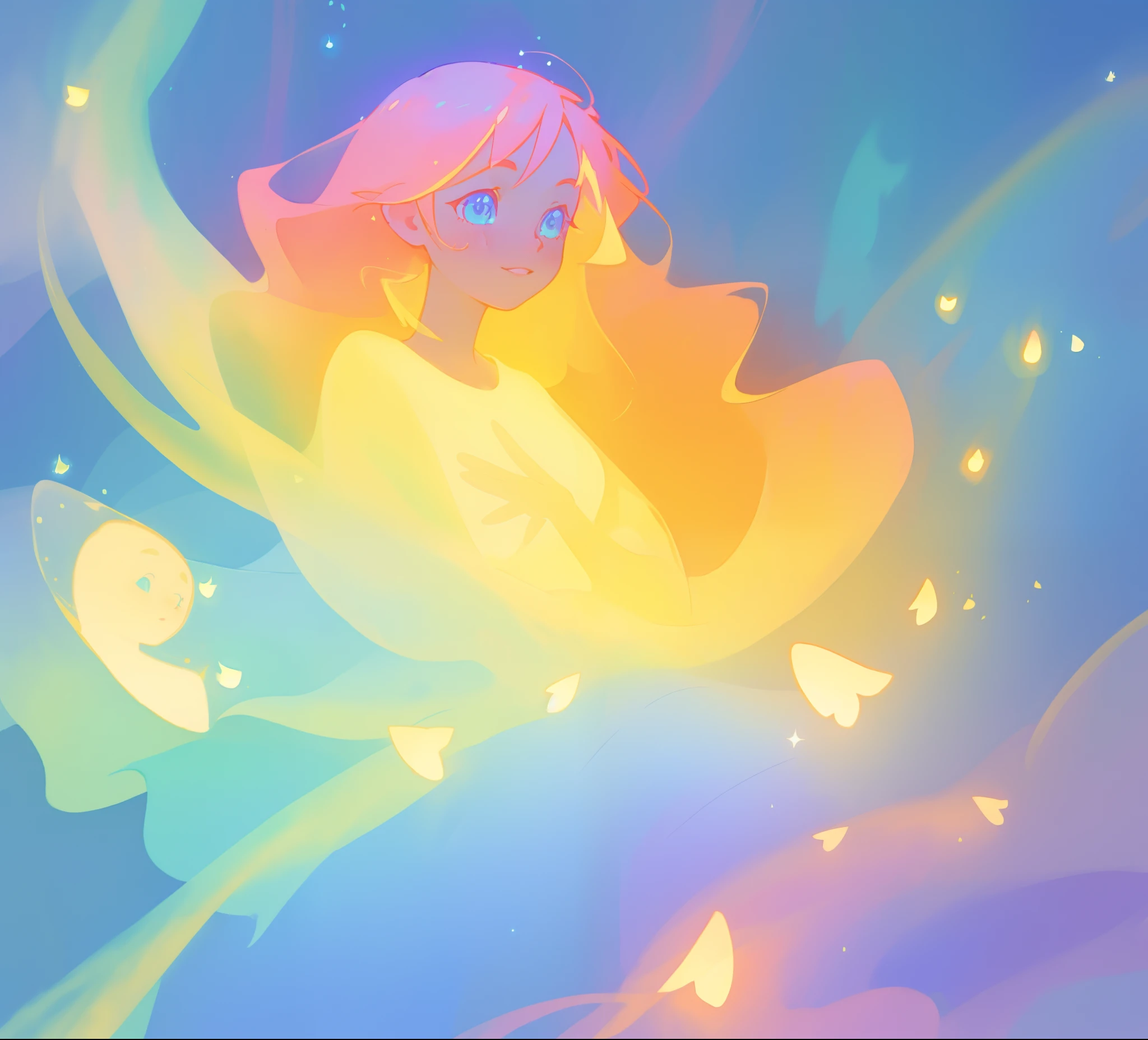 beautiful girl in blue flowing dress, ((small glowing golden fireflies)), vibrant pastel colors, (colorful), magical lights, sparkling lines of light, inspired by Glen Keane, inspired by Lois van Baarle, disney art style, by Lois van Baarle, glowing aura around her, by Glen Keane, jen bartel, glowing lights! digital painting, flowing glowing hair, glowing flowing hair, beautiful digital illustration, fantasia background, whimsical, magical, fantasy, beautiful face, ((masterpiece, best quality)), intricate details, highly detailed, sharp focus, 8k resolution, sparkling detailed eyes, liquid watercolor
