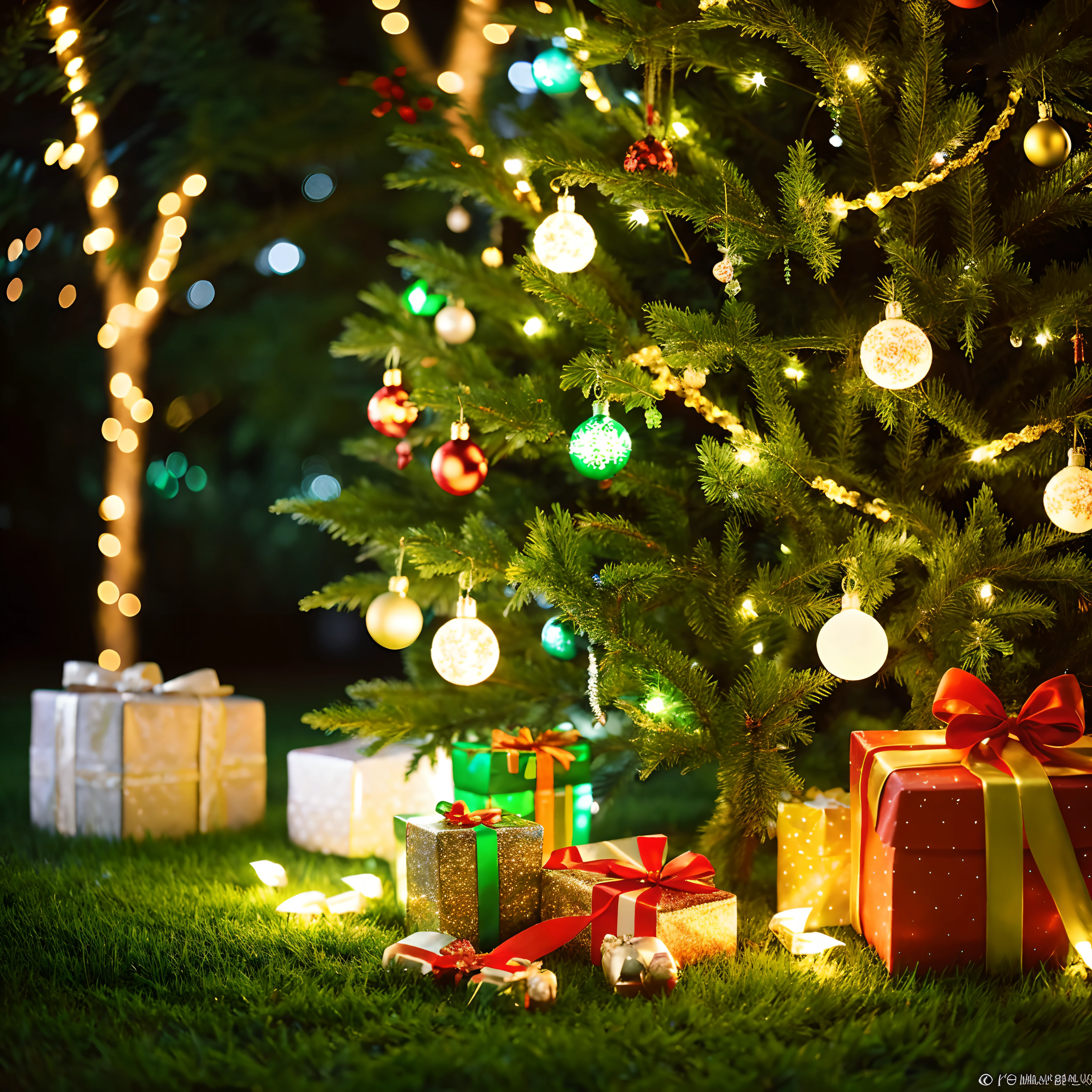 Illuminated、Christmas tree、green grass