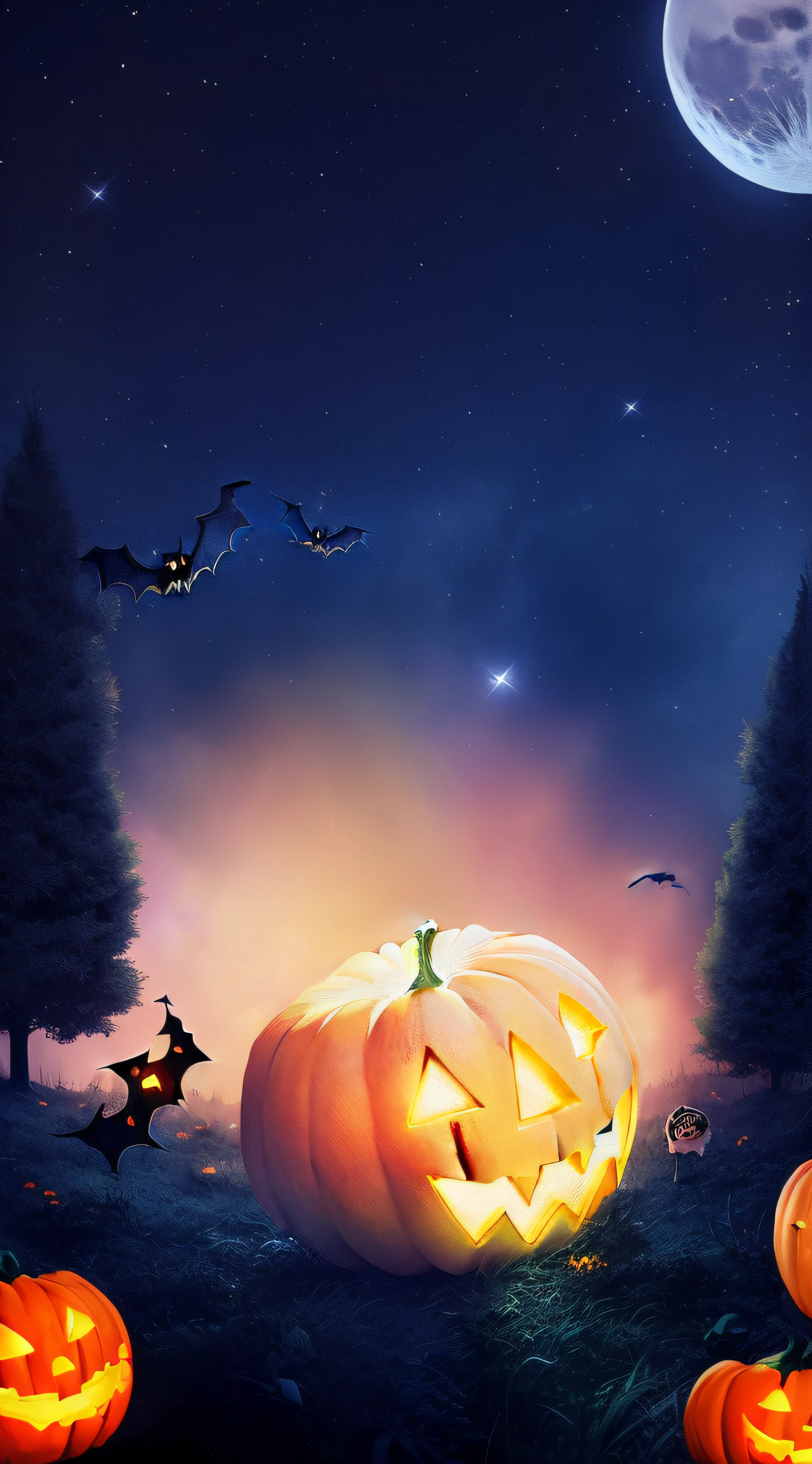 There are pumpkins and bats in the meadows of the full moon, halloween night, background artwork, halloween atmosphere, spooky halloween night, scary magical background, halloween scene, halloween art style, halloween theme, Halloween, halloween celebration, Trick or Treat, Edited, autumn night, wide portrait, illustratio, Night of horrors, spooky halloween theme, Night, arte de fundo, 3 0