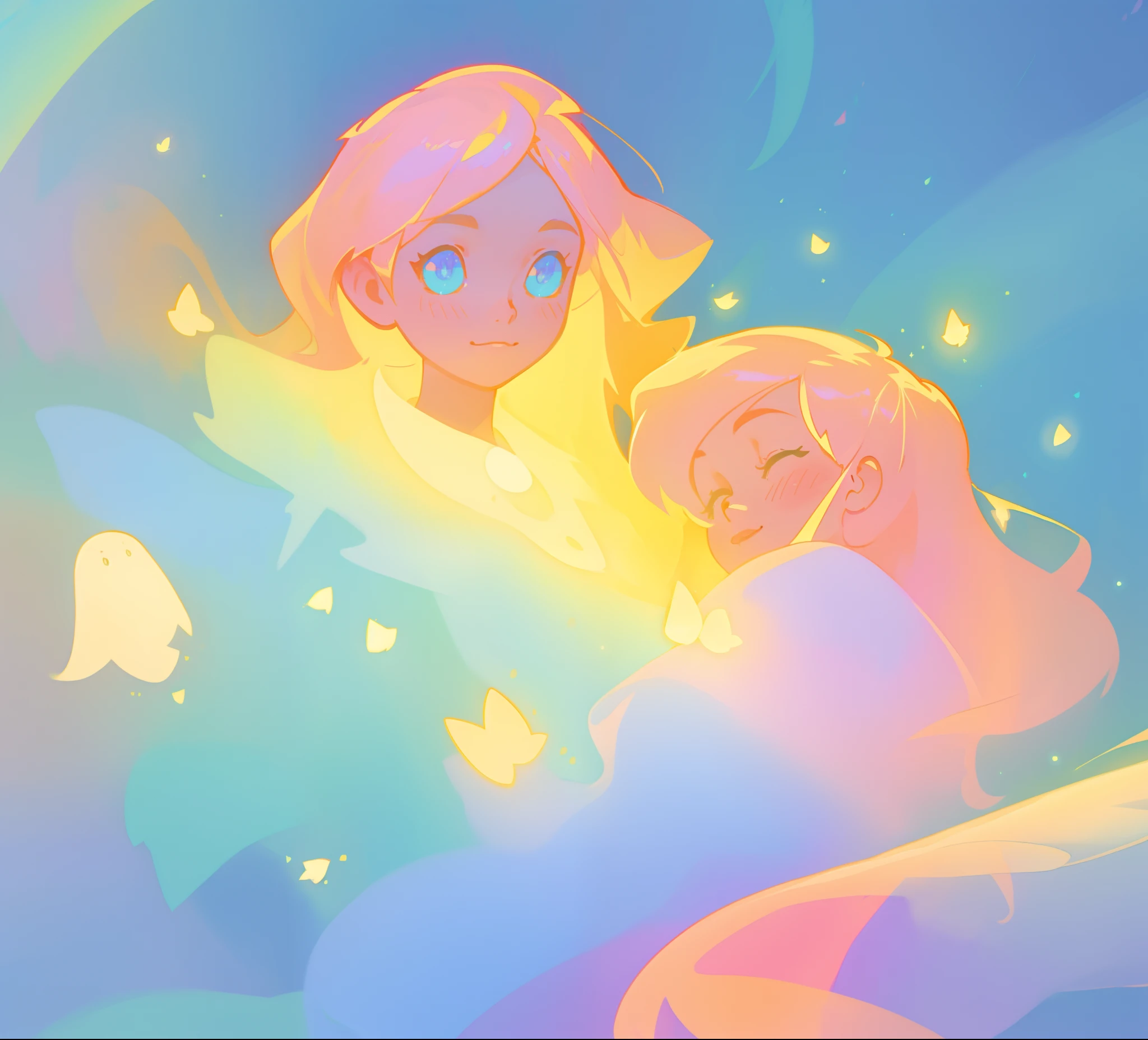 beautiful girl in blue flowing dress, ((small glowing golden fireflies)), vibrant pastel colors, (colorful), magical lights, sparkling lines of light, inspired by Glen Keane, inspired by Lois van Baarle, disney art style, by Lois van Baarle, glowing aura around her, by Glen Keane, jen bartel, glowing lights! digital painting, flowing glowing hair, glowing flowing hair, beautiful digital illustration, fantasia background, whimsical, magical, fantasy, beautiful face, ((masterpiece, best quality)), intricate details, highly detailed, sharp focus, 8k resolution, sparkling detailed eyes, liquid watercolor