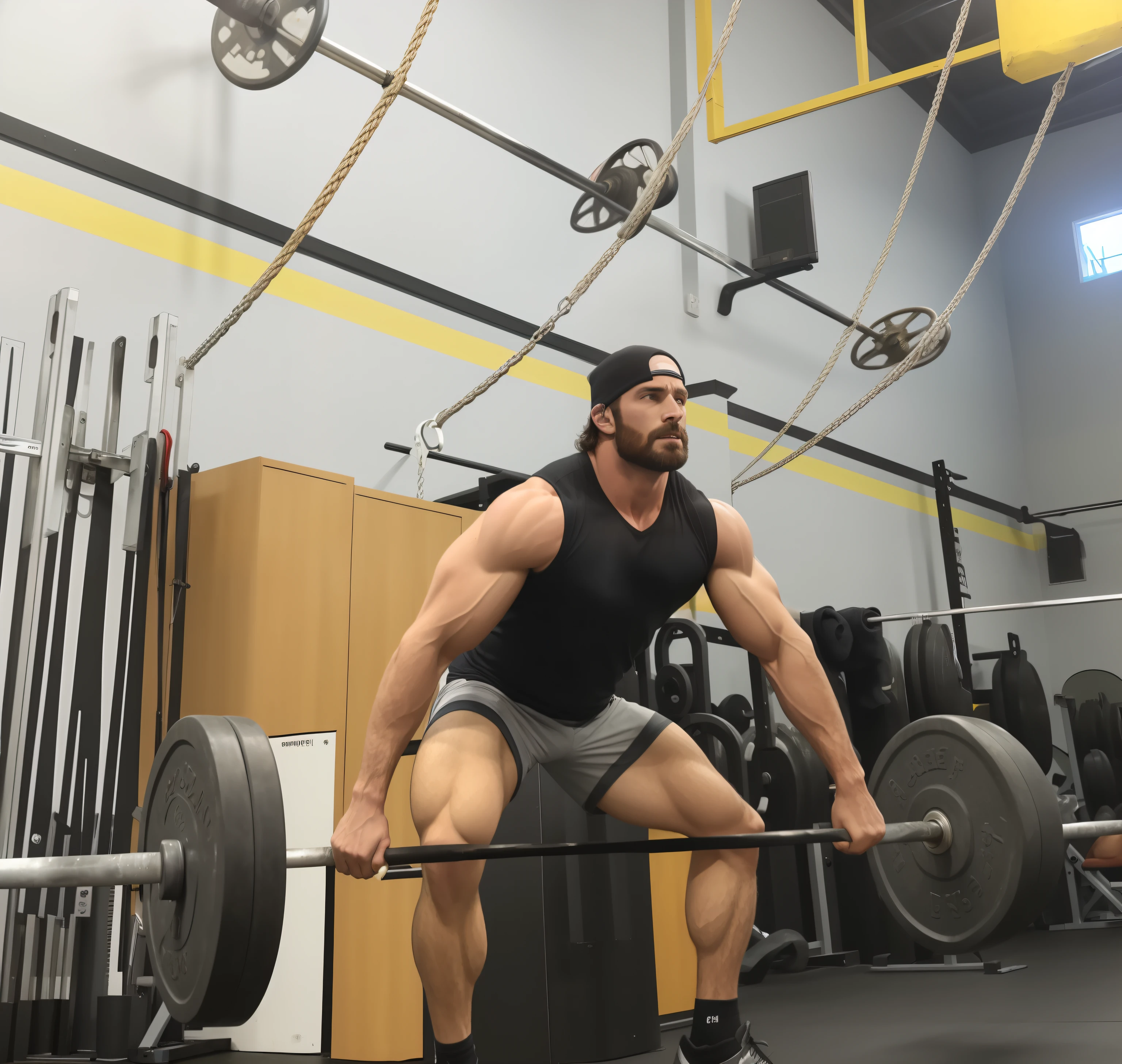 arafed man in a gym with a barbell in his hand, Chris Evans como um levantador de peso, athletic crossfit build, levantamento de pesos, bearded and built, musculoso! CrossFit, malhar, Sebastien Chabal, imagem de perfil, Foto tirada em 2018, carregando duas barras, Dylan Kowalsk, Calebe Worcester, Clayton Crain