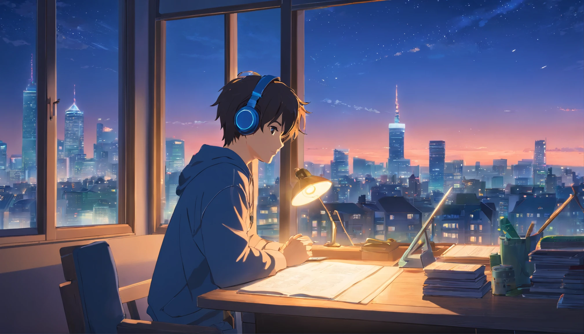 masterpiece, best quality, movie still, 1boy with headphones, bedroom, reading, desk with lamp, city view outside window, bright, happy, night time, relaxing, (sparks:0.7)