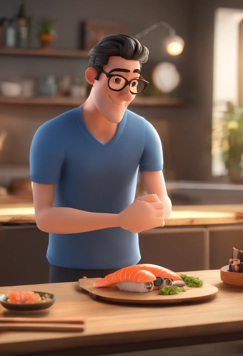 Estilo Pixar: homem 32 anos cabelos preto olhos castanhos trabalha com sushi
