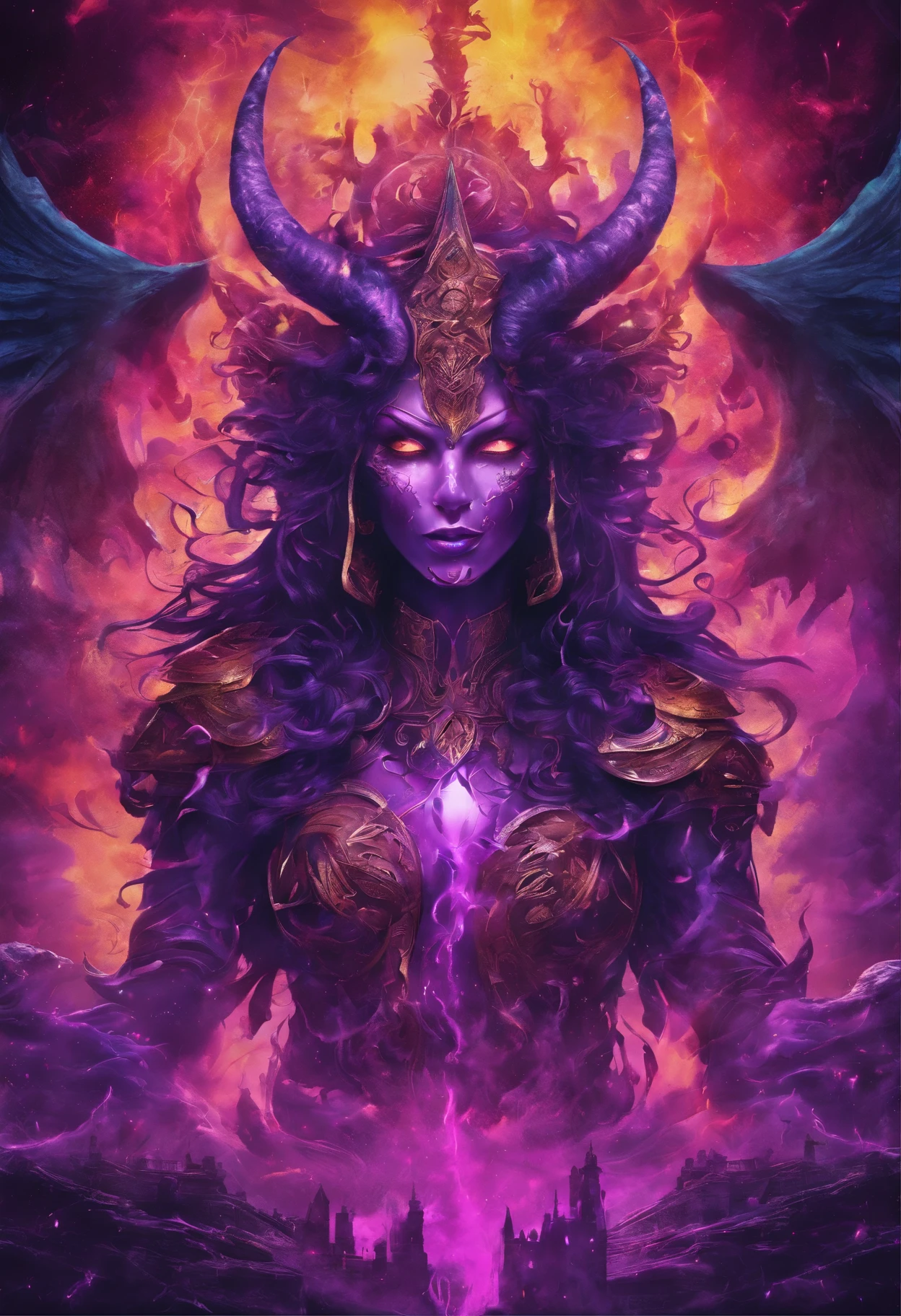 (best quality,4k,8k,Altas,master part:1.2),ultra-detalhado,(Realistic,fotorrealista,photo-realistic:1.37),Evil demon with glowing purple abyssal powers,Casting Mystic Soul Spells,Cute demon,Large Irregular Demonic Horns,Huge Demon Angel Wings,atmosfera escura e sinistra,sorriso sinistro,olhos vermelhos brilhantes penetrantes,demonic aura,Enchanting purple mist,fundo sombrio,Epic, dramatic lighting,beleza sobrenatural,dramatic pose,Burning Sulphur Scenery