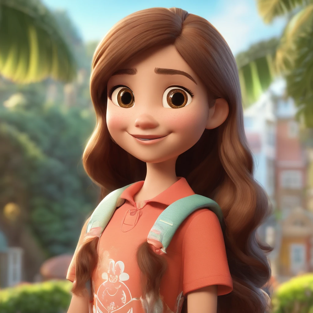 Imagem de uma 10 anos estilo pixar, with a reference from a light-skinned Brazilian woman, tem cabelos longos com franja, is smiling, Her hair and eyes are brown in color, Got a black cat and Bum white cat, deitado no jardim