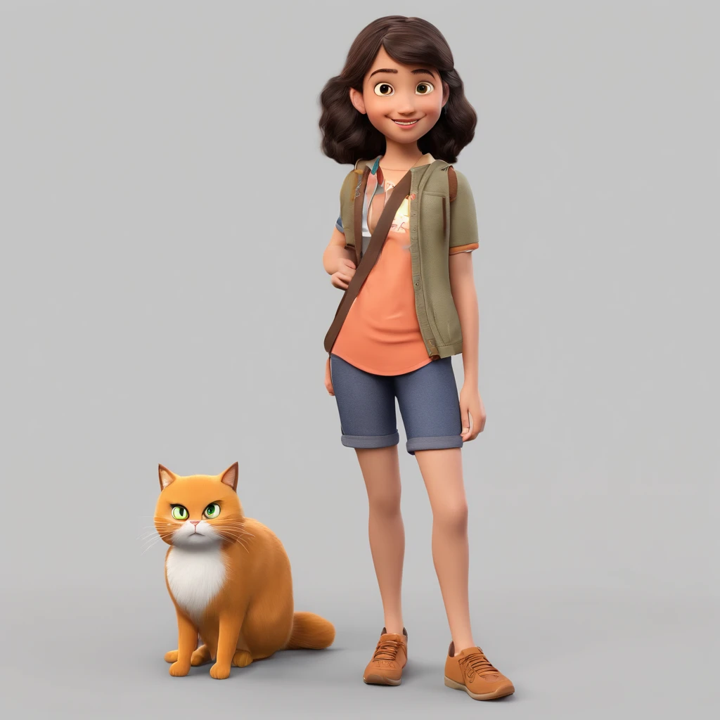 Imagem de uma menina 10 anos estilo pixar, with a reference from a light-skinned Brazilian woman, tem cabelos longos com franja, is smiling, Her hair and eyes are brown in color, Got a black cat and Bum white cat, deitado no jardim
