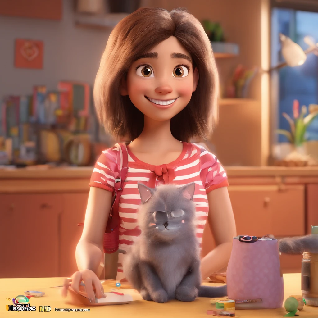 Imagem de uma menina 10 anos estilo pixar, with a reference from a light-skinned Brazilian woman, tem cabelos longos com franja, is smiling, Her hair and eyes are brown in color, Got a black cat and Bum white cat, deitado no jardim