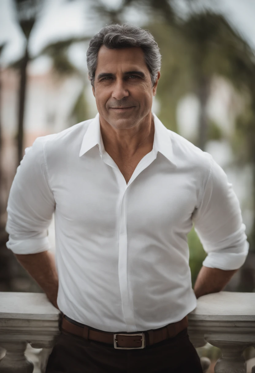 Retrato de um belo adulto de 42 anos, cabelo curto castanho, branco, tamanho 1,70 metros, com 85 kg, advogado