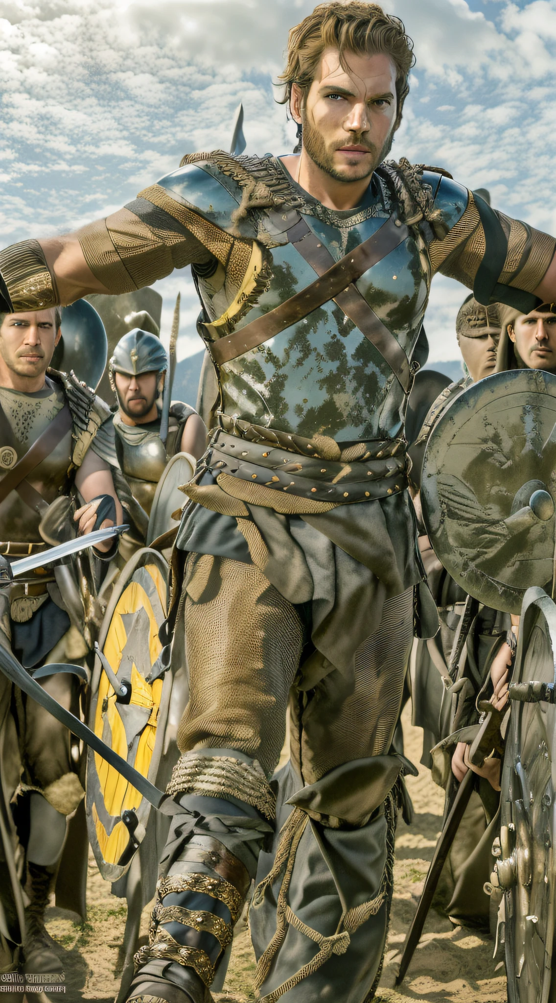 a man in armor stands in front of a group of soldiers, henry cavill as a warrior, chris pratt ancient corsican, henry cavill is a greek god, roman gladiator, gladiator, in screenshot from the 300 movie, jason momoa as assyrian, henry cavill as a greek god, eric bana, warrior, scene from live action movie, gladiator armor
