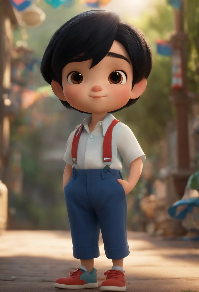 Movie image quality, animation, disney, 10 year old Japanese boy with black Bob haircut, suspenders, blue shorts, white woven shirt