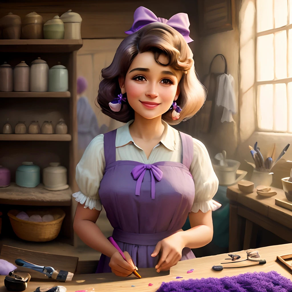 Garota de pele clara, com cabelo curto castanho, wearing a lilac bow in her hair, Working as an artisan, Making Hair Bows, com um fundo colorido, estilo de arte pixar, com um sorriso lindo.
