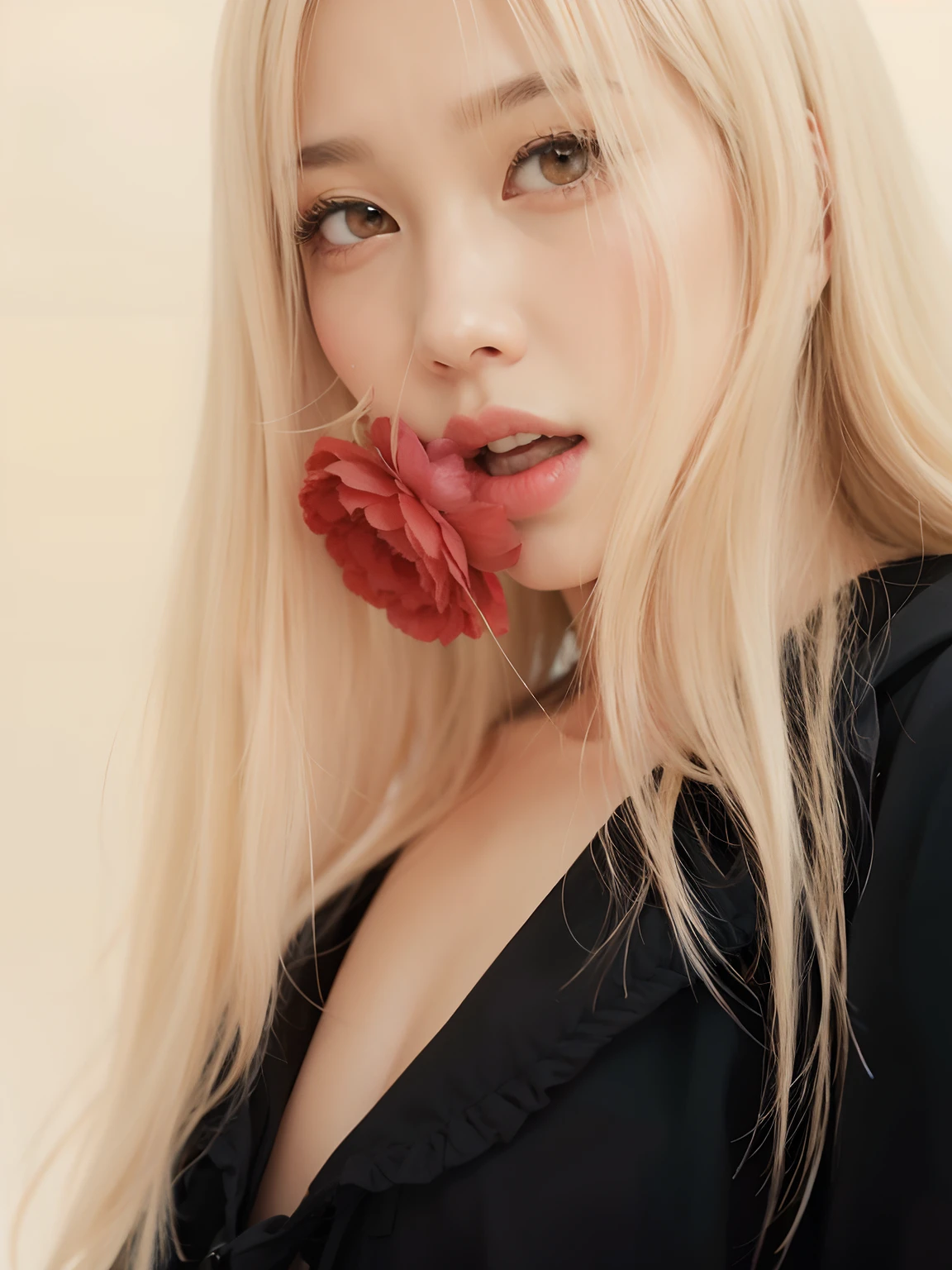 Un primer plano de una mujer con una rosa en la boca, Parque Roseanne de Blackpink, Blackpink Jennie, Jossi de Blackpink, Retrato de Jossi de Blackpink, Lalisa Manoban de Blackpink, Lalisa Manobal, Basia Tran, con el pelo largo y blanco, Gongbi, Ava Max, ji-min, con cabello largo y rubio, Cl