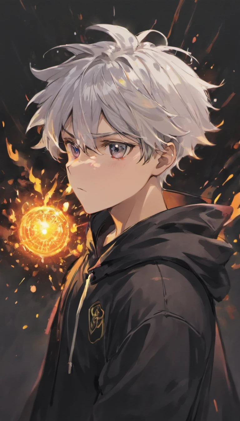 a white-haired, black-eyed man in a black hoodie, surrounded in a billowing black aura, black aura behind him, detailed digital anime art, engulfed by darkness, anti-spell magic, handsome guy in black clover art, short hair, by Yang J, completely composed of darkness, hair made of shadow, Asta from black clover, no warm colors