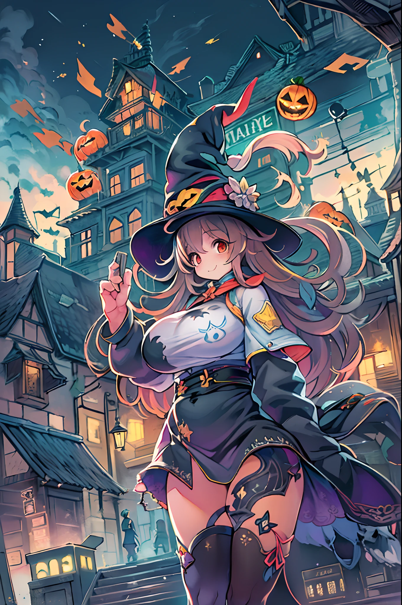 masutepiece, Best Quality, Charming Halloween Witches, Random coloring,2D, planar vector, T-shirt design, Colorful splashes, Fantasy Art, Watercolor effect,Digital Painting, white bg, 8K、night cityscape,bbw,Anime style、huge-breasted