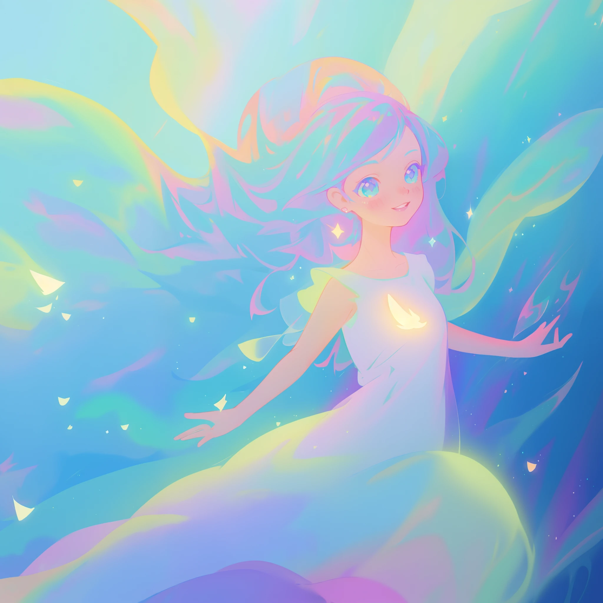 beautiful anime girl in colorful liquid dress, ((sparkling)), aqua mint blue and purple colors, vibrant pastel colors, (colorful), magical lights, sparkling lines of light, inspired by Glen Keane, inspired by Lois van Baarle, disney art style, by Lois van Baarle, glowing aura around her, by Glen Keane, jen bartel, glowing lights! digital painting, flowing glowing hair, glowing flowing hair, beautiful digital illustration, fantasia background, whimsical, magical, fantasy, beautiful face, ((masterpiece, best quality)), intricate details, highly detailed, sharp focus, 8k resolution, sparkling detailed eyes, liquid watercolor