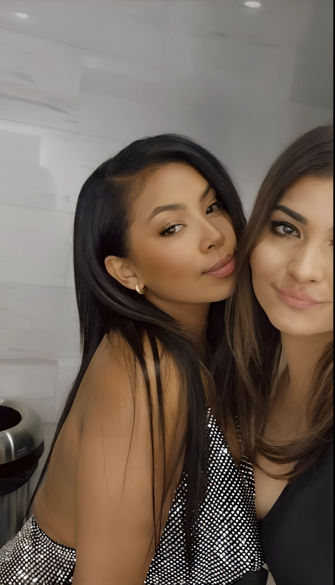 two women posing for a picture in a kitchen with a stove, modeling for dulce and gabanna, alena aenami and lilia alvarado, charli bowater and artgeem, mia khalifa, violet myers, two models in the frame, sisters, profile pic, with brown skin, latinas, instagram selfie, mixed art, inspired by Briana Mora