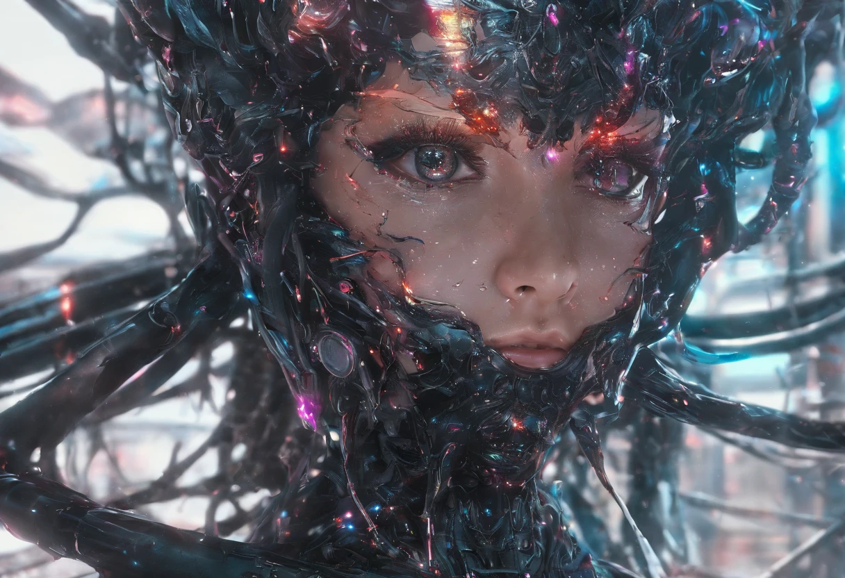 Perfect centralization, Fantastic Particles, Delight, Standing position, beleza abstrata, centro, looking at the camera, Facing the camera, nearing perfection, Dynamic, altamente detalhado, liso, foco nítido, 8k, A high resolution, illustration, arte de Carne Griffiths e Wadim Kashin, A background with distinct features, Fundo com a cor dos fragmentos, tons vívídos |, Fundo da nebulosa de tinta, girl with sexy appearance, olhos cor de mel, cabelos morenos, longo e bonito, Fantastic short black skirt, The Shape of the Athletic Physique, extremamente detalhado,Dissipated particles