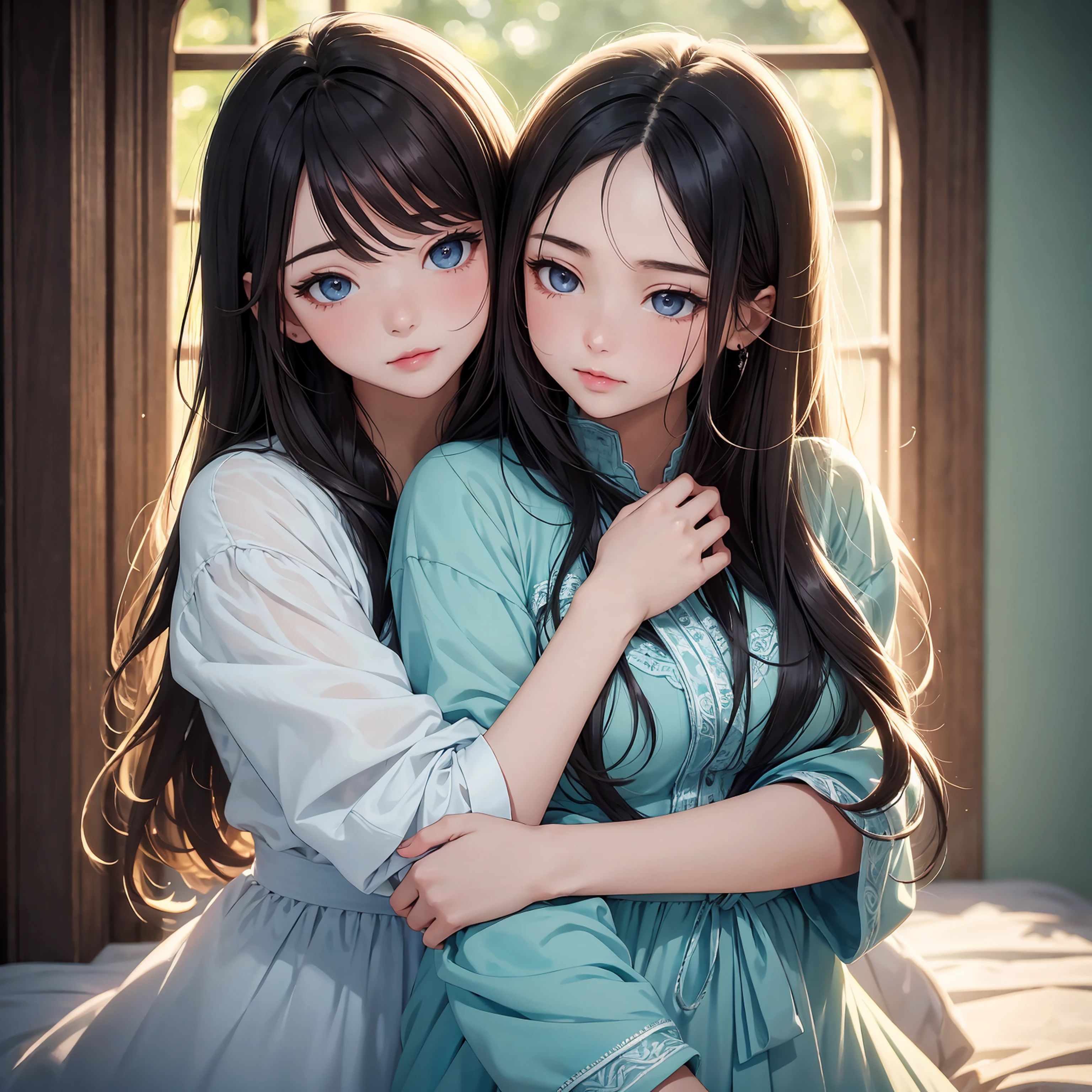 best quality, highres, ultra-detailed, realistic, portraits, colorful tone, soft lighting, traditional painting style, long hair, delicate facial features, rosy cheeks, fluttering eyelashes, tender expression, intertwined tongues, passionate embrace, dreamy atmosphere, intimate setting, ethereal background, subtle emotions, captivating moment, sensual connection, youthful beauty, graceful posture, blurred edges, vibrant colors, deep shadows, glossy lips, mesmerizing eyes, soft skin, gentle touch.