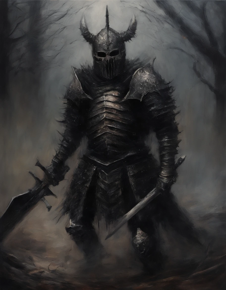 Create an impressionistic painting of a creepy warrior knight wearing a demon mask, nieve, Cosmic ash, fuego, artistic, intrincado