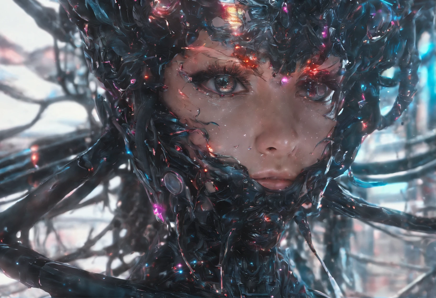 Perfect centralization, Fantastic Particles, Delight, Standing position, beleza abstrata, centro, looking at the camera, Facing the camera, nearing perfection, Dynamic, altamente detalhado, liso, foco nítido, 8k, A high resolution, illustration, arte de Carne Griffiths e Wadim Kashin, A background with distinct features, Fundo com a cor dos fragmentos, tons vívídos |, Fundo da nebulosa de tinta, girl with sexy appearance, olhos cor de mel, cabelos morenos, longo e bonito, Fantastic short black skirt, The Shape of the Athletic Physique, extremamente detalhado,Dissipated particles