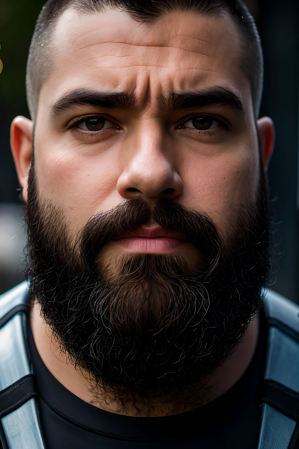 close up Foto de retrato de cara barbudo musculoso em um terno mech usado, ((bokeh luz)), intrincado, (steel metal [descansar]), elegante, foco nítido, soft lighting, cores vibrantes, master part, ((Ruas)), Rosto detalhado