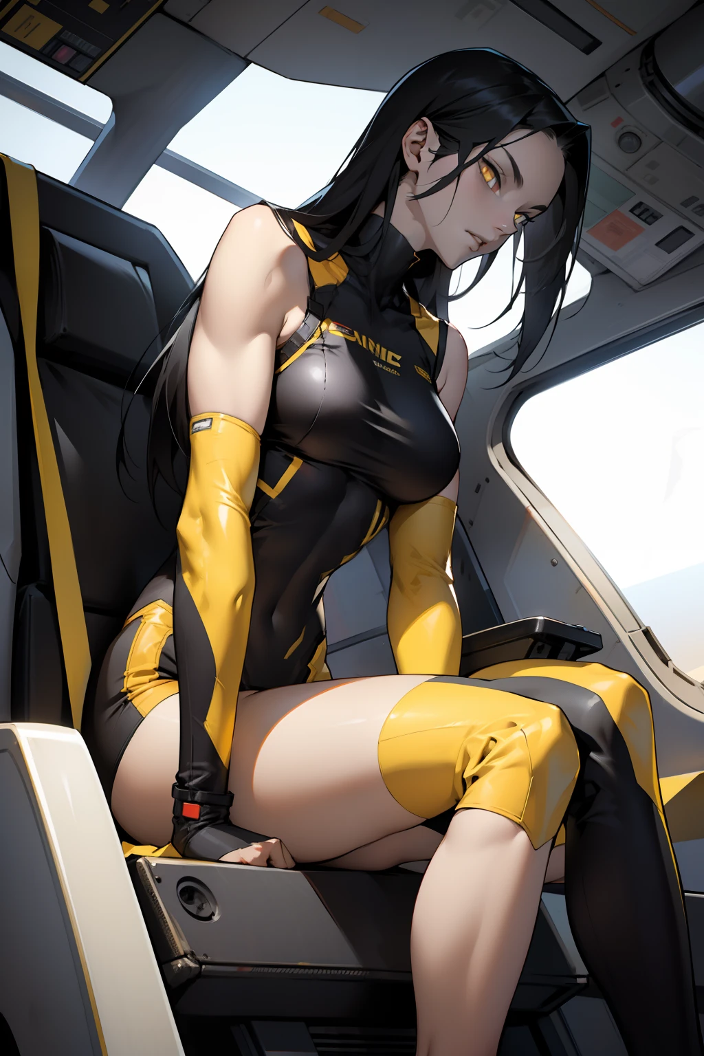 1 girl, black hair, yellow eyes, very long hair, pale skin, fit body, slender body, slim waist, large breasts, (confident expression), pilot suit, thigh gap, bare thighs, sleeveless, show bare legs, fit thighs, sitting in a cockpit