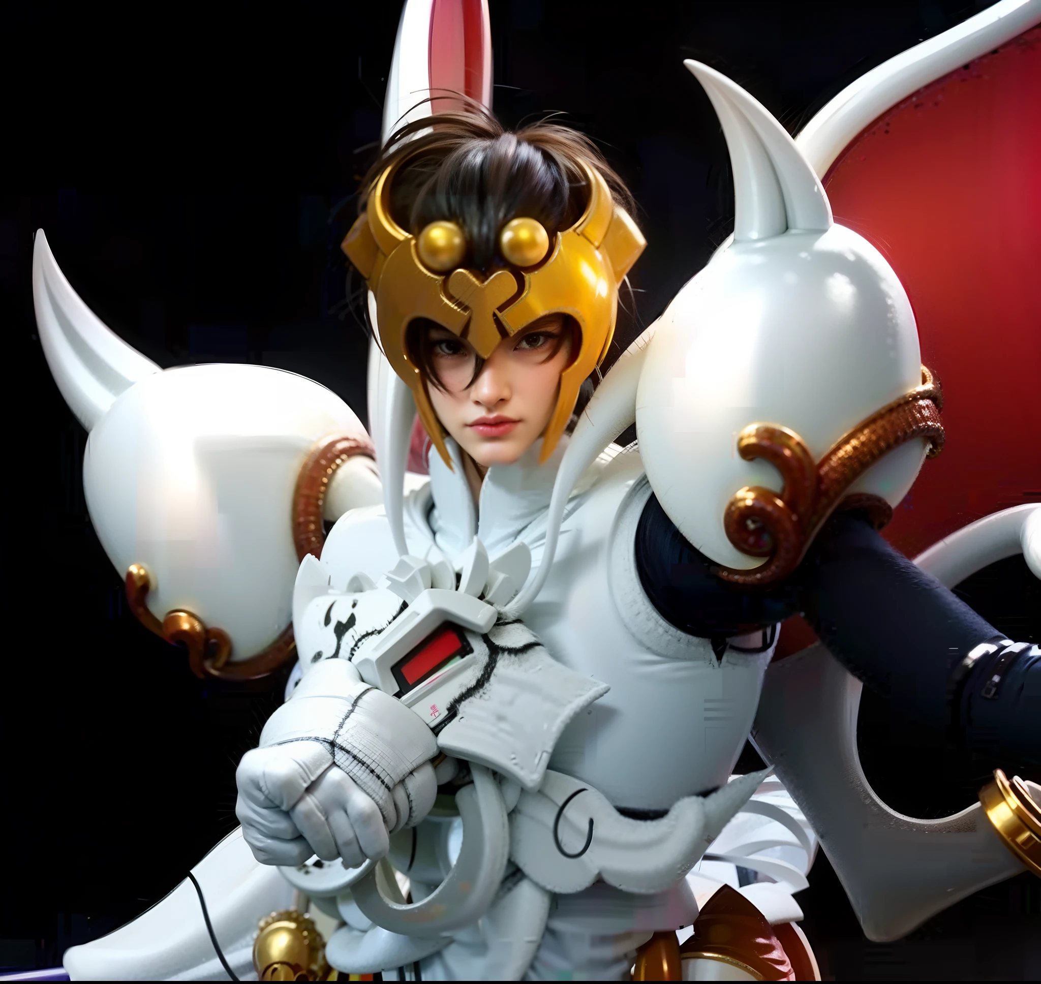 Japanese Male Character, cabelo castanho coroa dourada, White armor with lion's head on the chest, detalhes Dourados