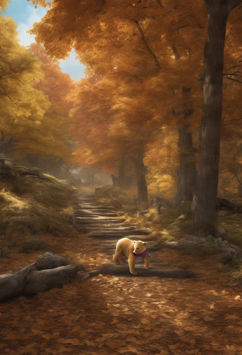 Winnie The Pooh, walking through a fall scene