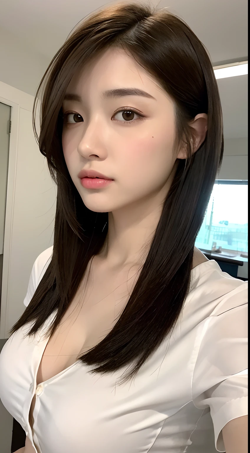 ((bestquality, 10, masterpiece: 1.3)), sharp: 1.2, perfect body beauty: 1.4, Slim Abs: 1.2, ((Layered Hairstyle, Big breasts: 1.2)), (Clear Buttons White Tight Office Shirt: 1.1), (It's raining, Sholl: 1.2), wet: 1.5, Highly detailed face and skin texture, detailed eyes, 二重まぶた, Side faces look at the camera., innocent, (arrogant.: 1.3)
